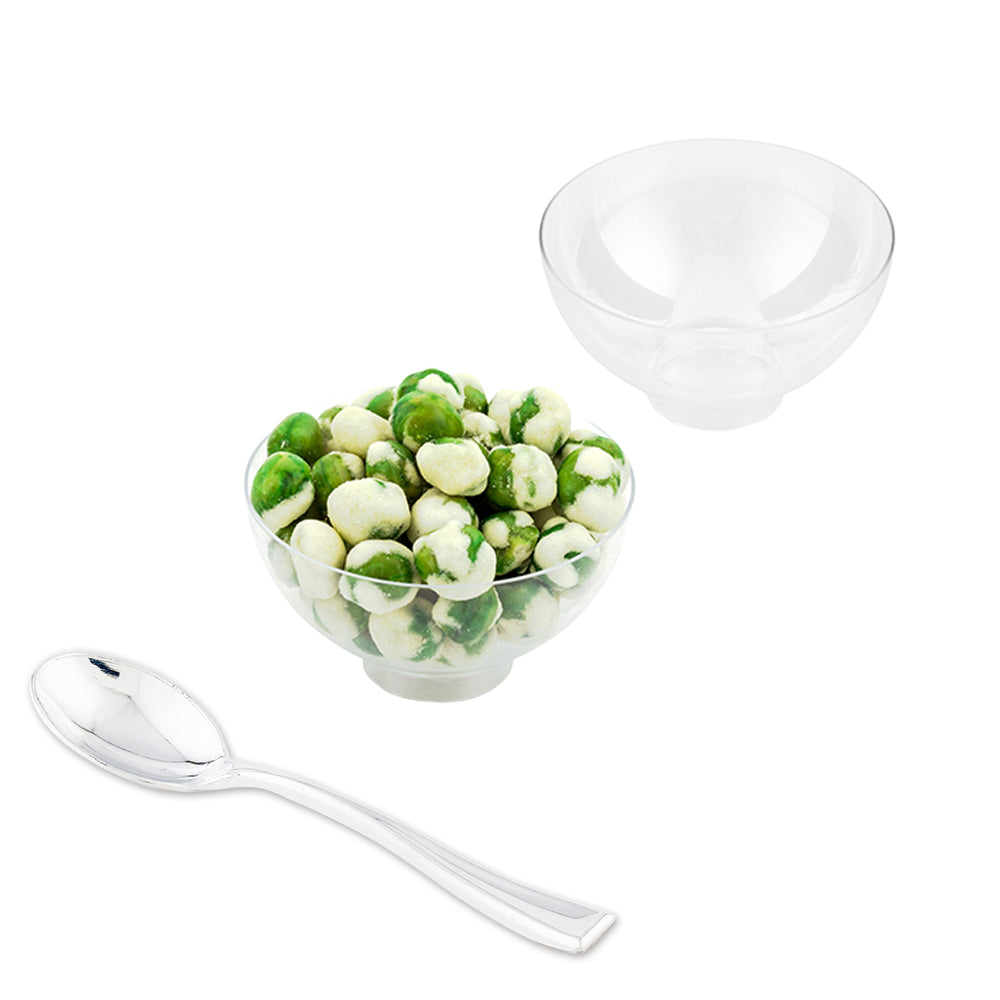 100 Pack 2 oz Clear Plastic Coppa Bowls with 100 Silver Mini Plastic Spoons - Perfect for Desserts, Ice Cream, Parties & Catering