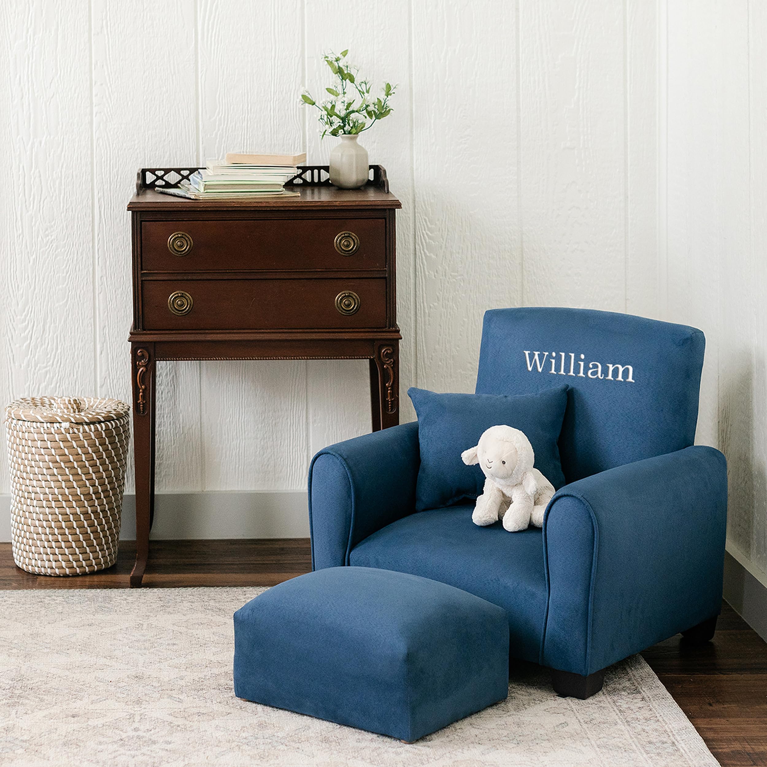 Personalized Kids Rocking Chair with Name - Navy Suede Upholstered Toddler Armchair | Comfortable & Customizable Nursery Furniture for Playroom, Bedroom or Gift