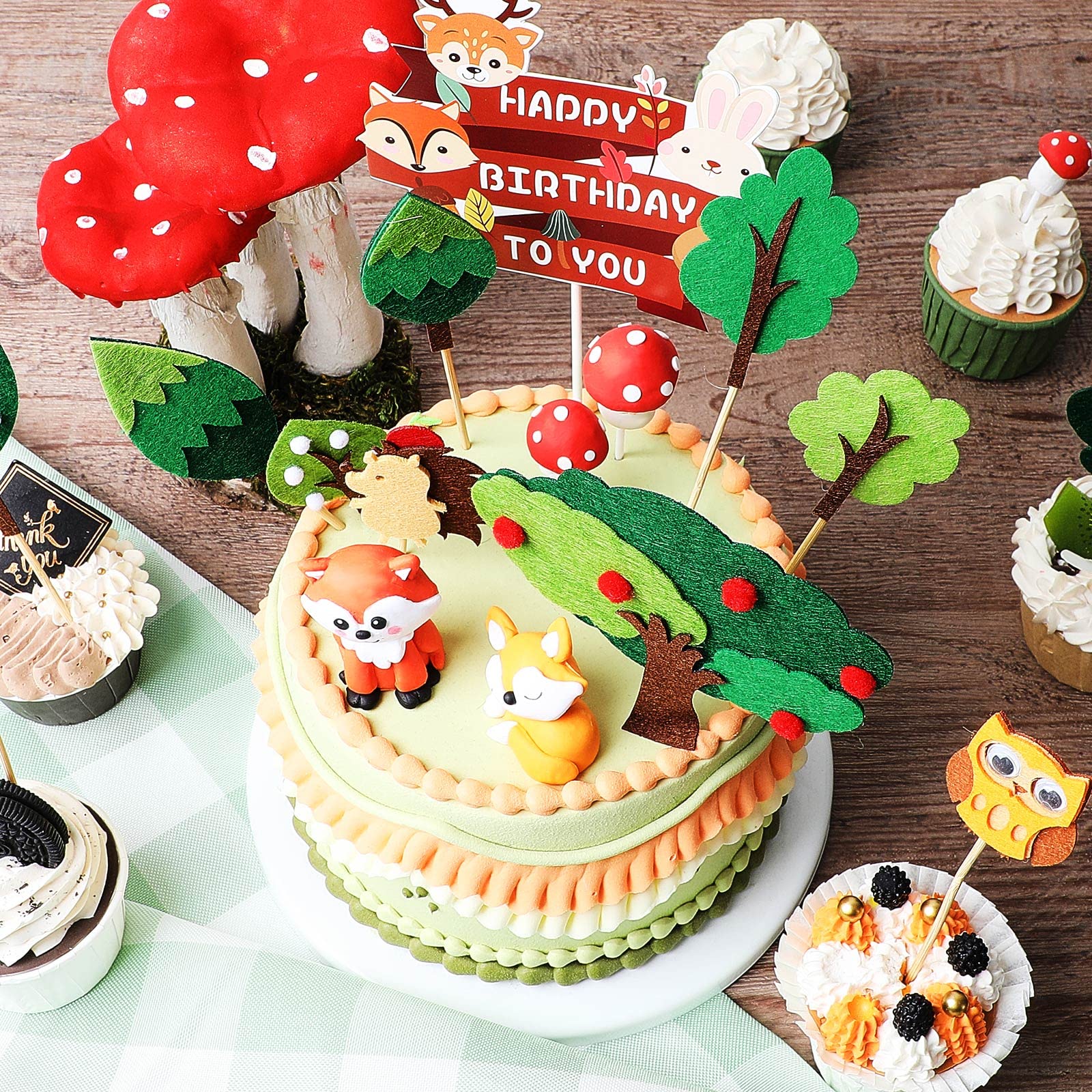 25 Pcs Woodland Animal Cake Toppers - Forest Theme Cupcake Picks with Deer, Fox & Raccoon - Felt Fondant Cake Decorations for Baby Shower, Kids Birthday Party - Perfect for Woodland-Themed Celebrations and DIY Cake Decorating