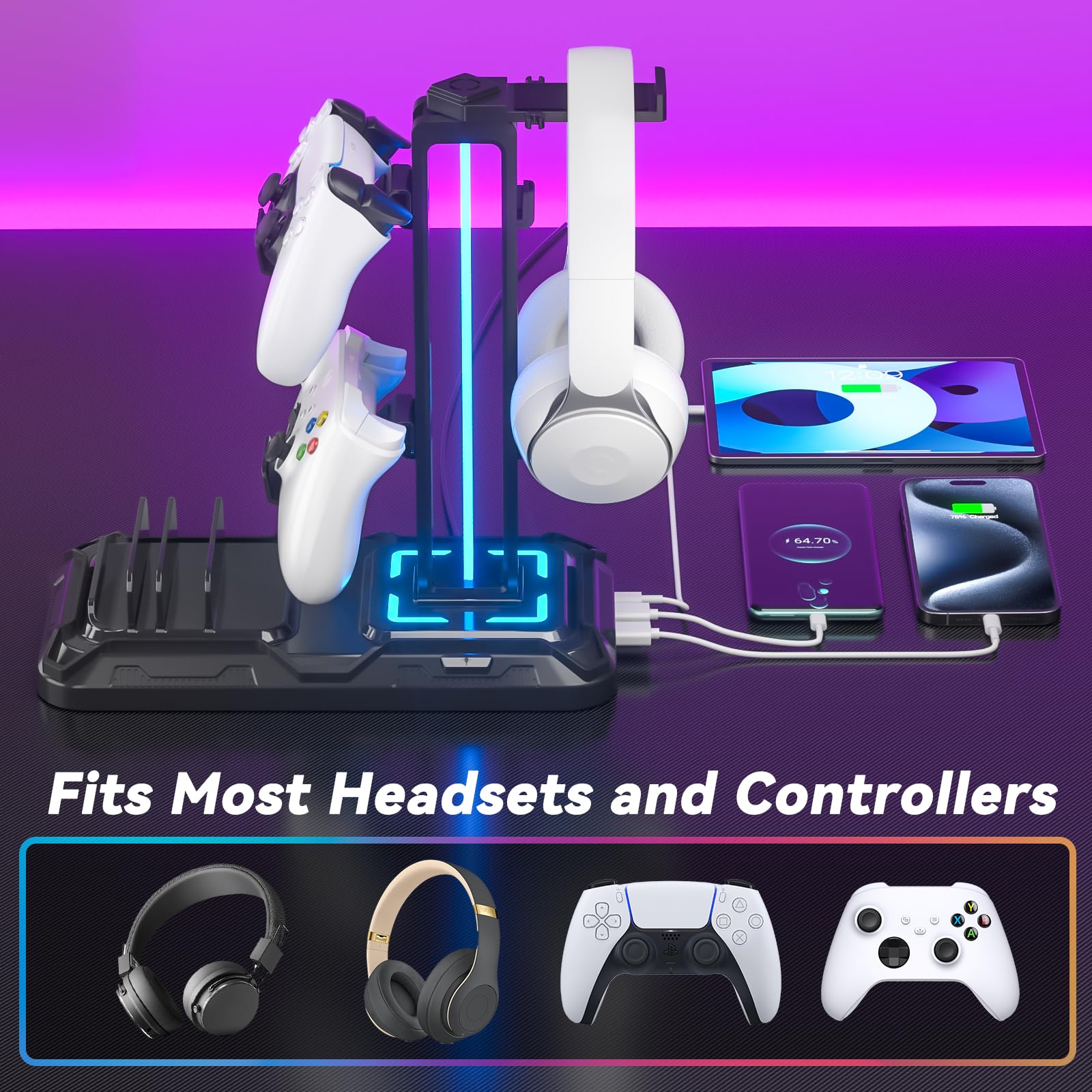 KDD Premium Headset Stand with Wireless Charging Station - Detachable Controller Holder & 9 RGB Light Modes - Rotatable Headphone Hanger with Dual USB A/C Ports - Perfect Gaming Headset Stand for PS5, Xbox & PC Setup - Ideal for Gaming Room, Office & Home Desk Organization