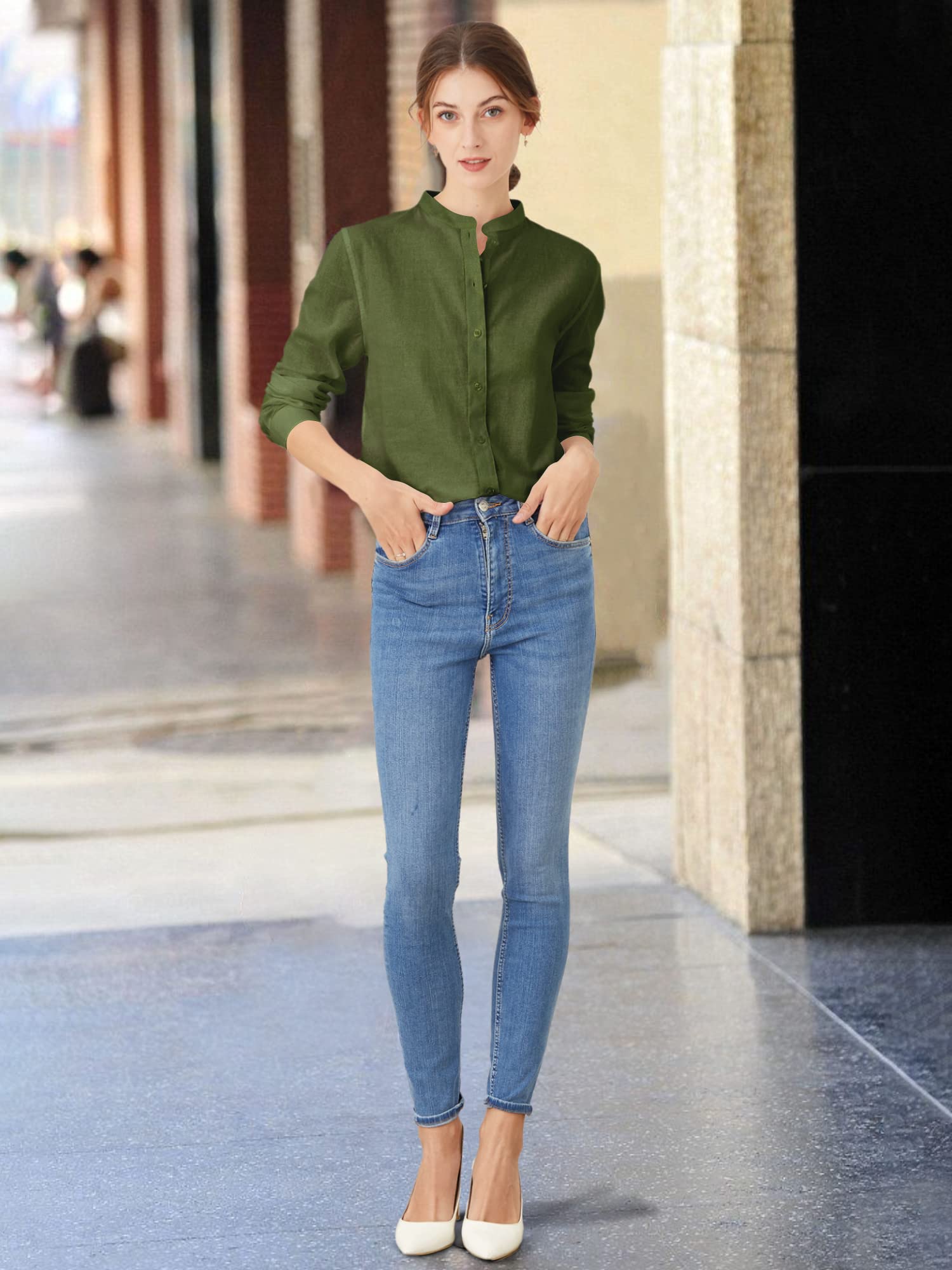 Women's Linen Mandarin Collar Button-Down Shirt - Casual Long Sleeve Blouse for Summer, Office & Travel | Breathable & Comfortable