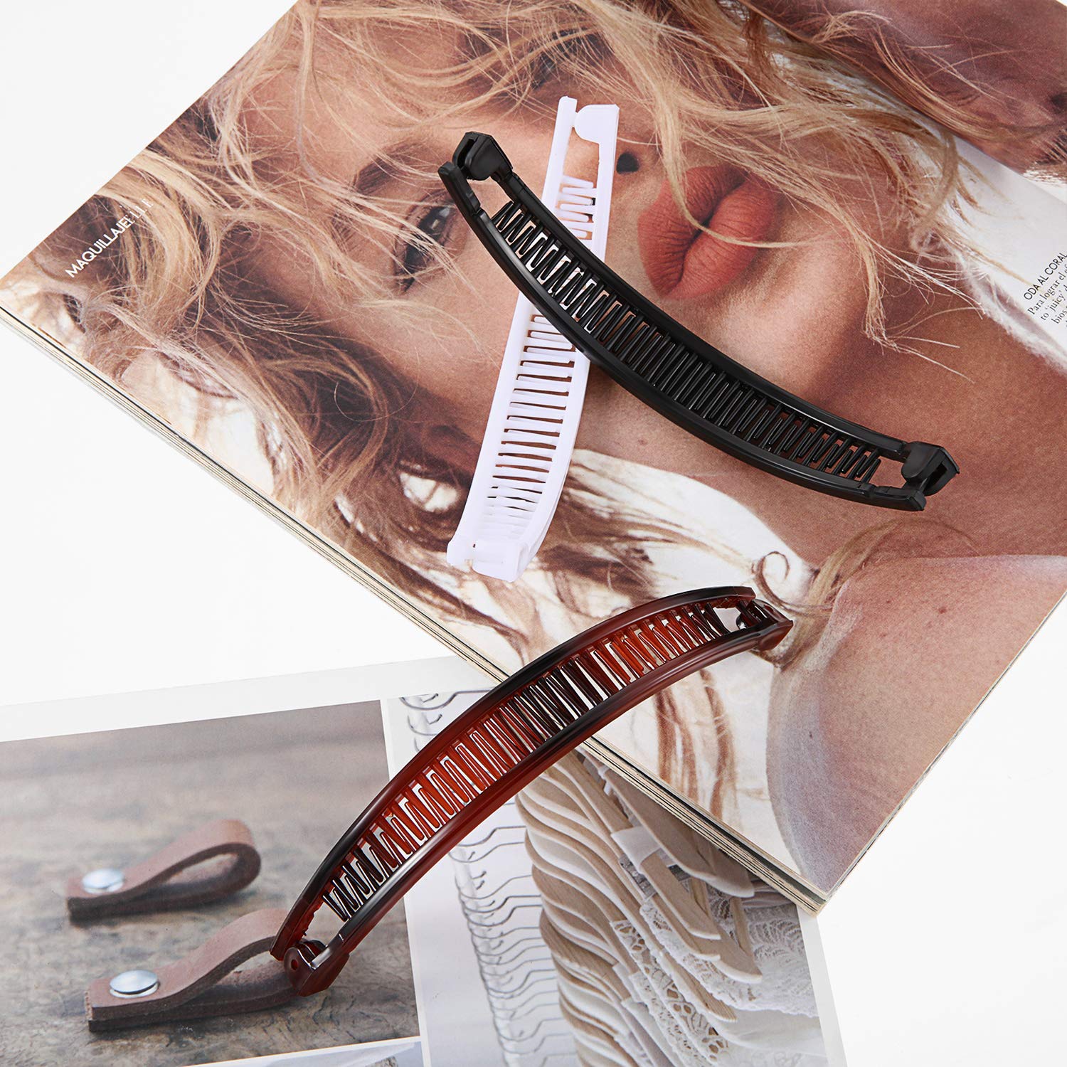 WILLBOND Banana Hair Clips - 6 Pack Fish Shape Ponytail Clips for Women with Thin Hair, Fishtail Combs Hair Accessories for Long Hair (Black, Brown, White) - Perfect for Work, Parties & Everyday Styling