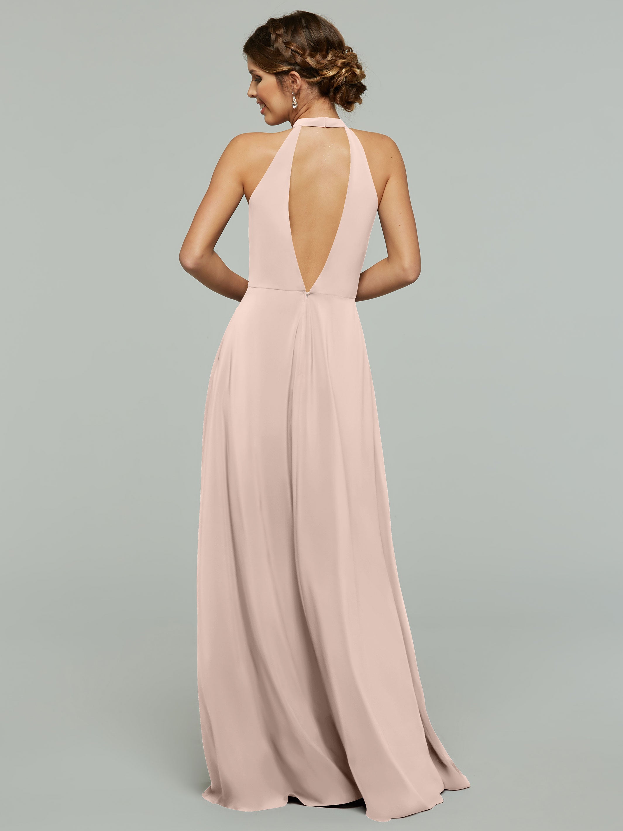 Elegant 80115 Stretch Chiffon A-Line Bridesmaid Dress with Plunging Halter Neckline - Perfect for Weddings, Formal Events & Evening Parties