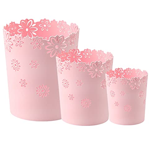 3PCS Pink Plastic Trash Cans - Flower Shaped Lidless Wastebaskets for Office, Bedroom & Bathroom | Small Garbage Bin Set for Home & Office Organization