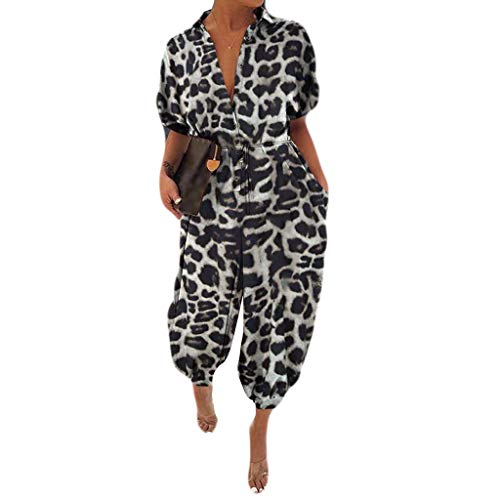 Women's Green Leopard Print Romper - Lapel Collar Slim Fit Long Button Jumpsuit with Short Sleeves (Grey, XXXXXL) | Casual Summer Outfit, Beach Cover-Up, Party Wear