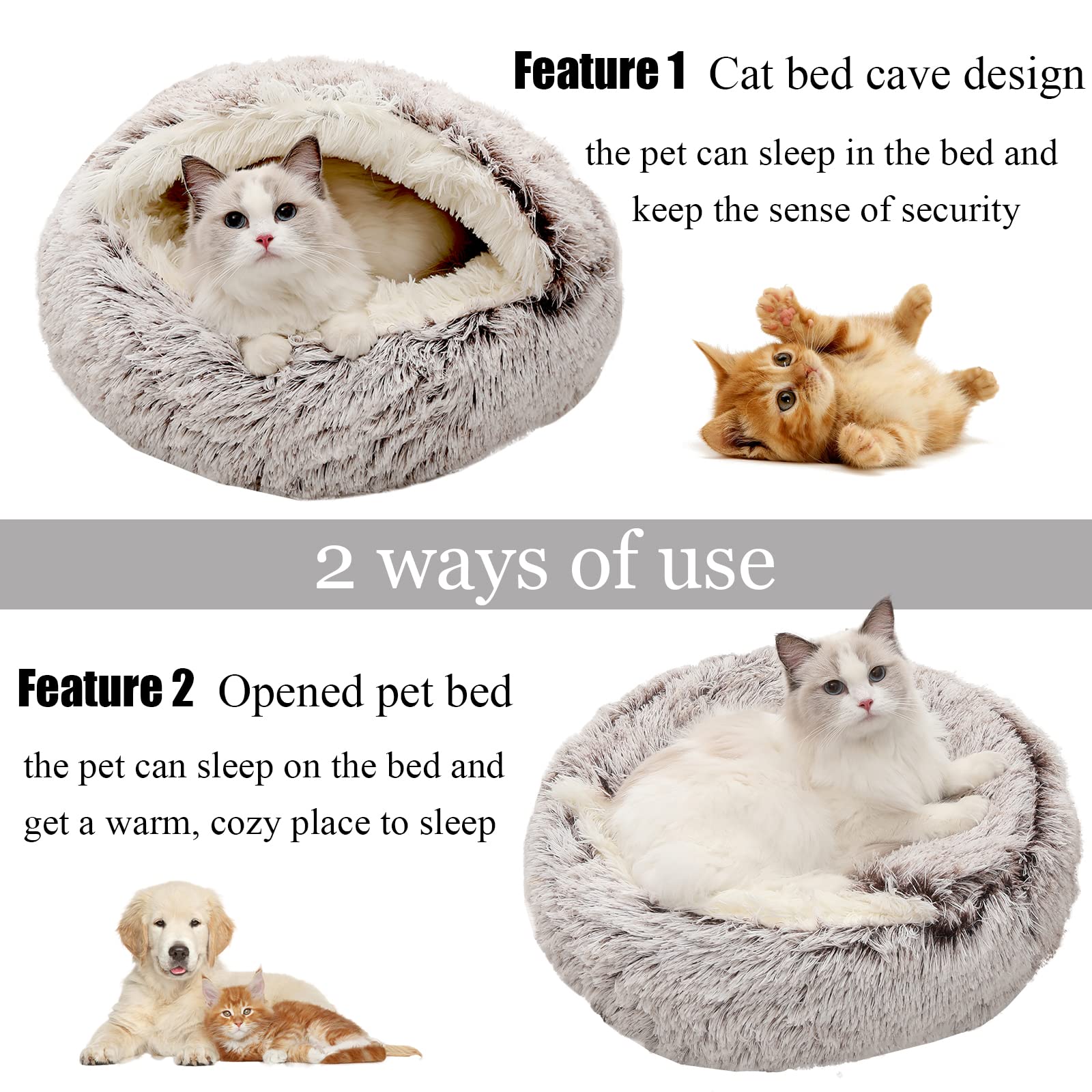 Calming Dog Bed & Cat Cave with Removable Hooded Cover - Washable Round Pet Bed for Small to Medium Pets (15-25 lbs) - Anti-Slip Faux Fur Fluffy Bed for Better Sleep - Perfect for Anxiety Relief & Cozy Napping (20