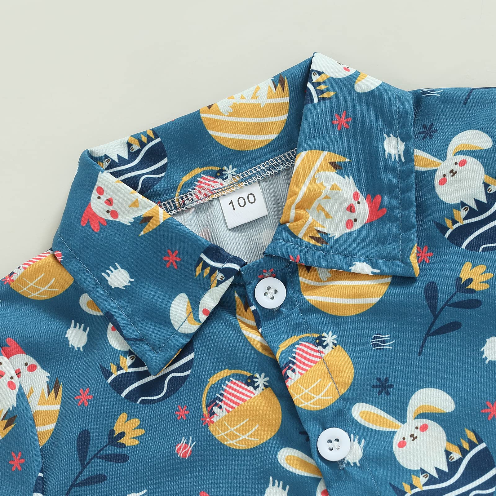Easter Outfits for Toddler Boys - Bunny & Egg Print Short Sleeve Button Down Shirt with Matching Solid Shorts Set | Summer Church, Easter Egg Hunt & Family Photo Outfits