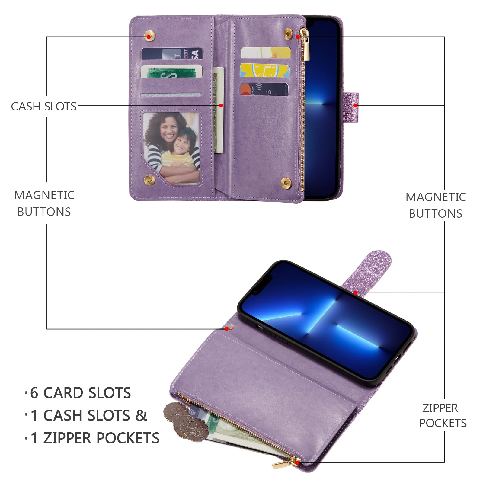 UEEBAI Wallet Case for iPhone 13 Pro Max - PU Leather Magnetic Closure with Zipper Pocket, Kickstand, Card Slots & Hand Strap | Rose Gold Flip Phone Case for Women (Bling Purple) - Perfect for Travel, Shopping & Everyday Use
