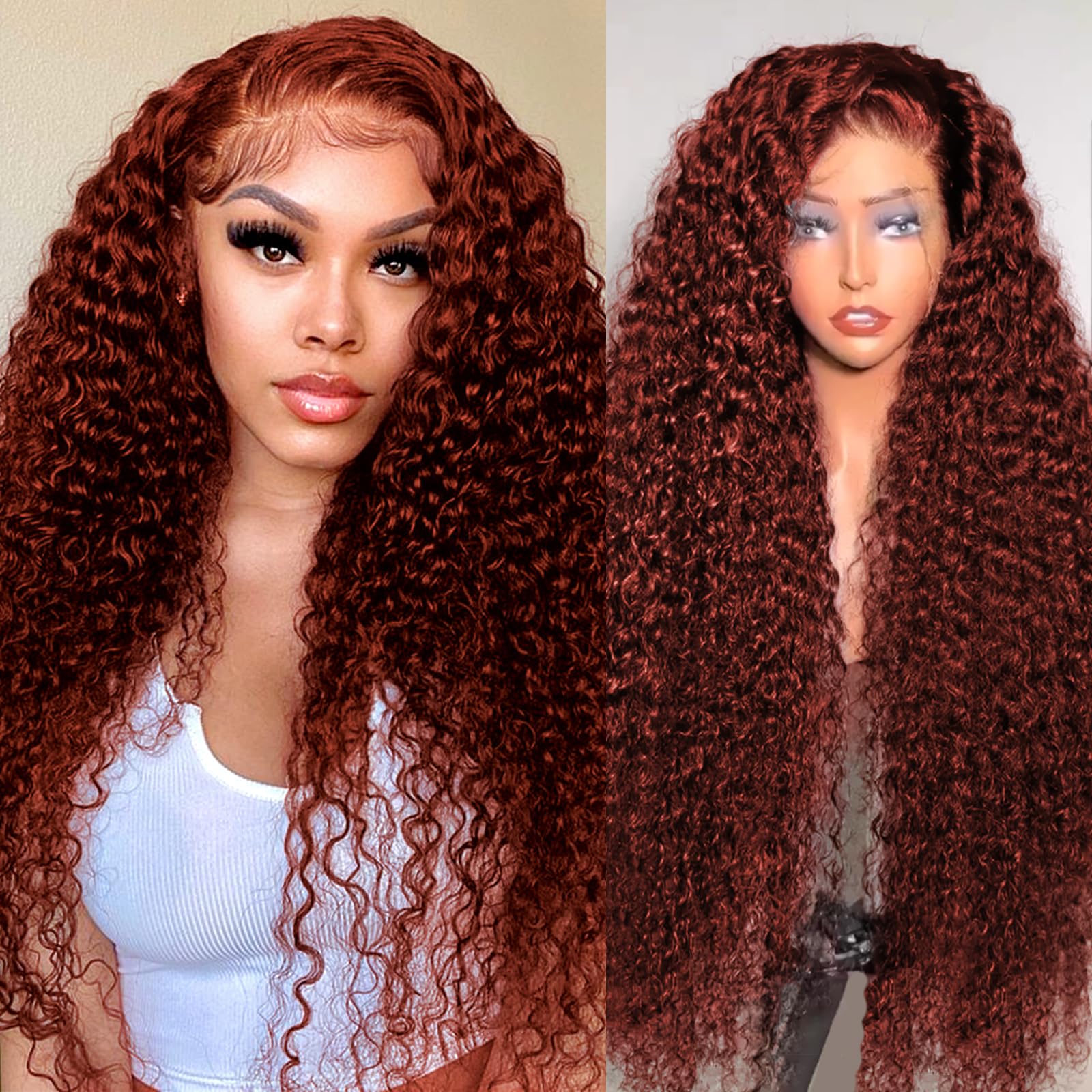 13x6 Water Wave Reddish Brown Lace Front Wig Human Hair - Pre Plucked 200% Density HD Transparent Frontal with Baby Hair | Bleached Knots Wet & Wavy Curly Wig 24 Inch for Daily Wear, Cosplay & Special Occasions