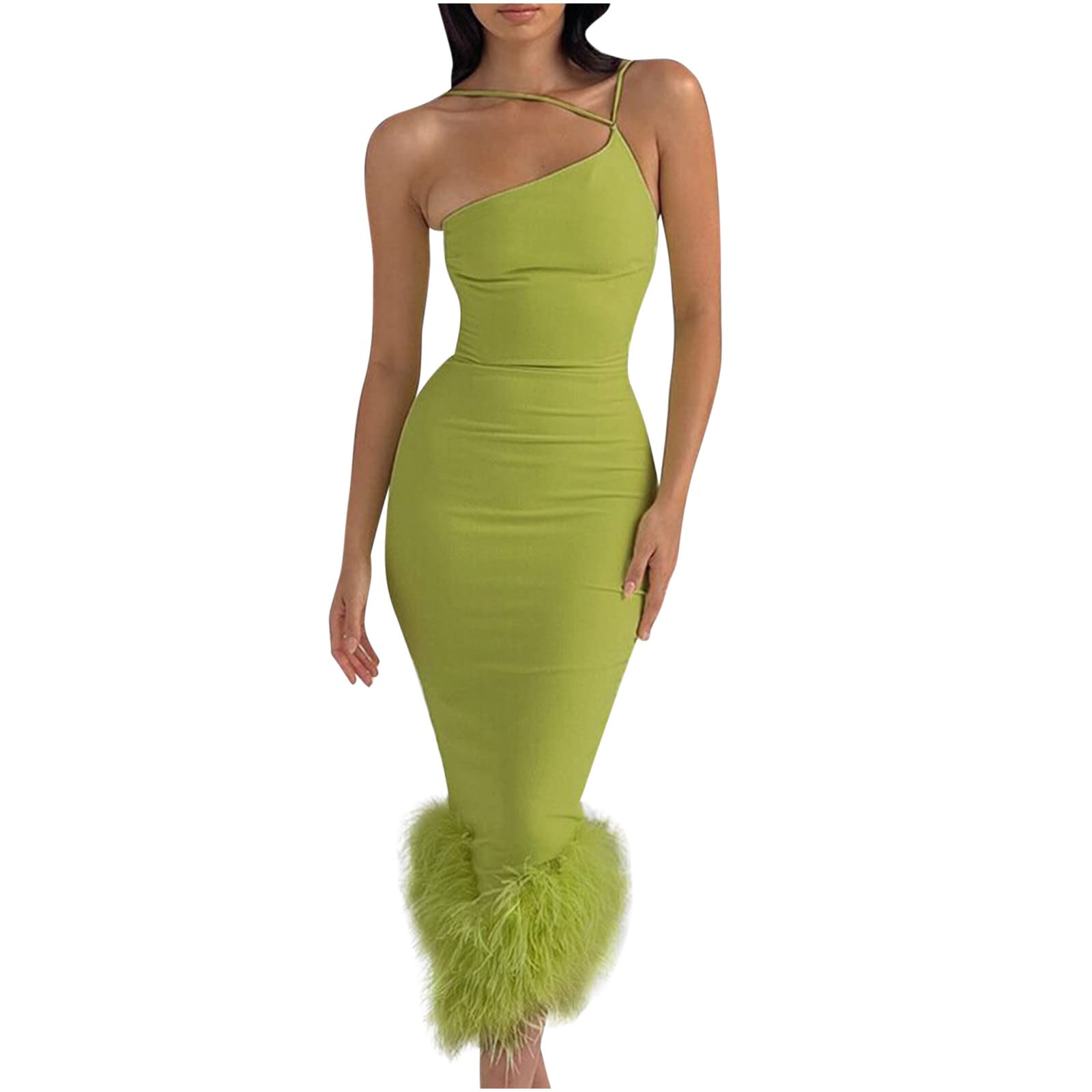 Elegant Women's Sexy Feather Hem Knit Dress - Asymmetrical Strap Sleeveless Midi Dress for Party, Club & Streetwear | Perfect for Night Out, Date Night & Special Occasions
