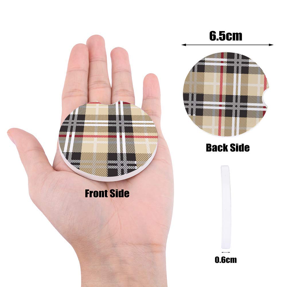 Premium Car Drink Coasters Set of 2 - Geometric Line Stripe Plaid Design, Absorbent Ceramic Stone with Finger Notch for Easy Removal (Beige, Red, Black) - Perfect for Cars, Trucks, SUVs & Road Trips