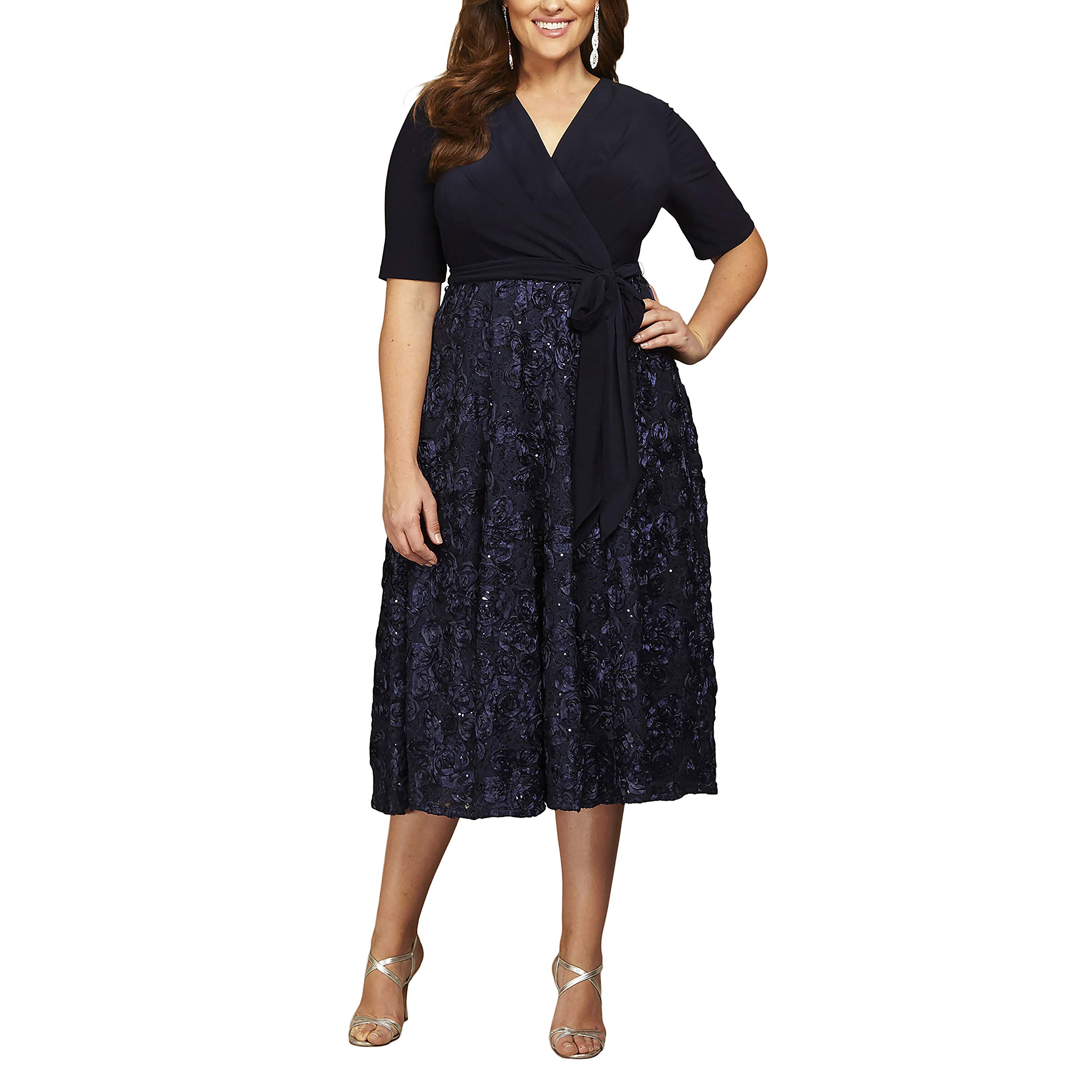 Alex Evenings Women's Plus Size Tea Length Dress with Rosette Detail - Elegant Formal Dress for Weddings, Parties & Special Occasions