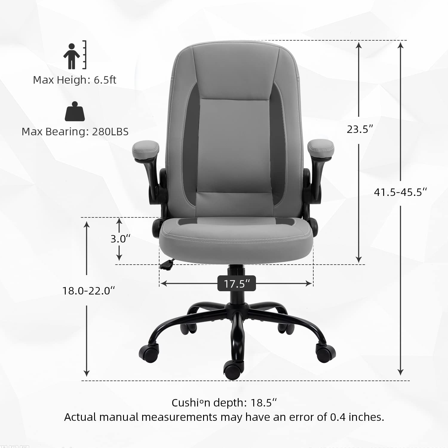 SEATZONE Ergonomic High Back Office Chair with Flip-Up Arms, Swivel & Wheels - Modern Leather Desk Chair for Adults & Teens - Gray - Perfect for Home Office, Gaming & Workspaces