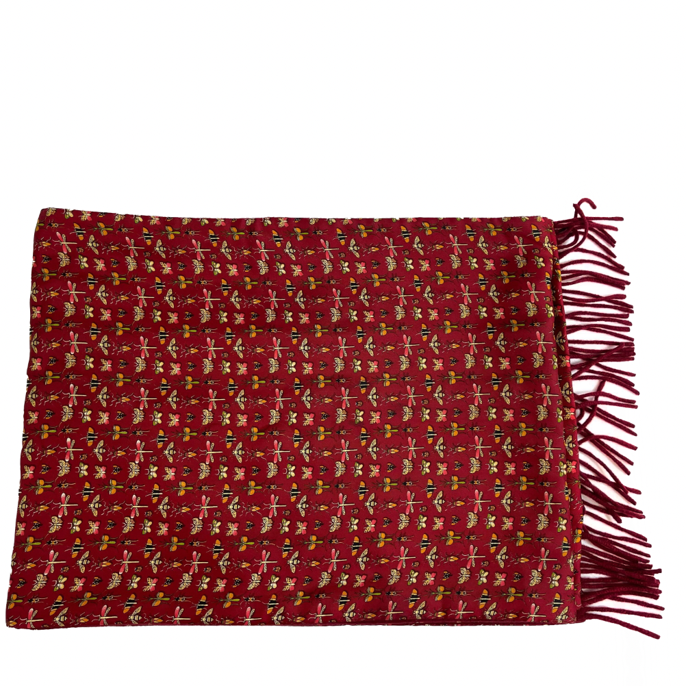 Salvatore Ferragamo Bee & Butterfly Print Fringed Shawl Scarf - Red Maroon Insect Pattern Wrap for Women | Perfect for Fall Fashion, Evening Outfits & Gift Giving