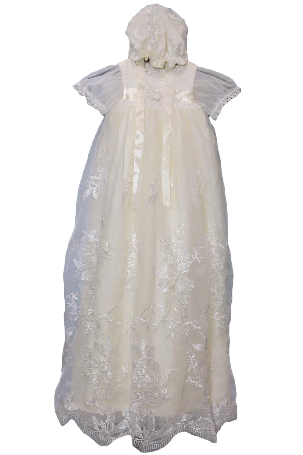 Newdeve Baby Girls Champagne Ivory Lace Christening Gown with Bonnet - Elegant Baptism Dress for Infants, First Communion & Special Occasions