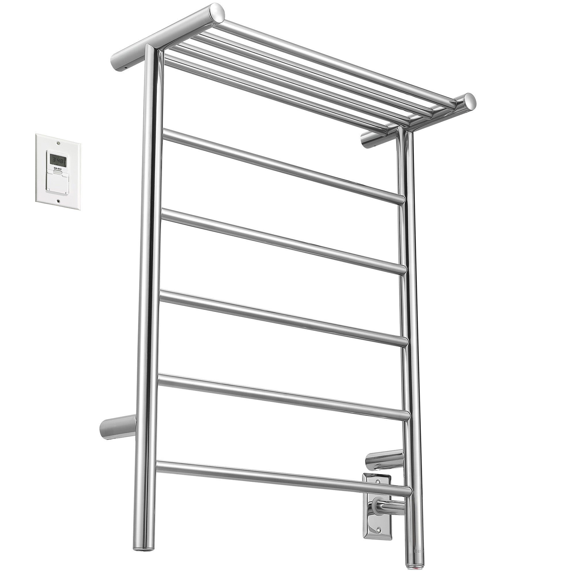 Miazzo 5-Bar Electric Wall Mount Towel Warmer with Shelf - Plug In or Hardwire Installation, Polished Stainless Steel, Digital Timer - Perfect for Bathrooms, Spas & Luxury Home Heating