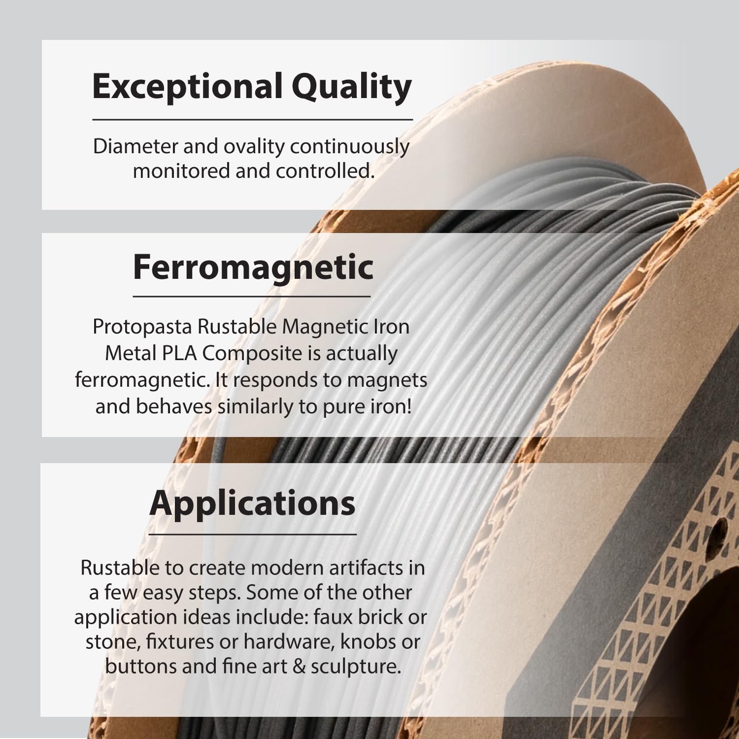 Protopasta Ferromagnetic Iron PLA 3D Printer Filament - 45% Metal-Filled Composite Filament (2kg Spool) | High-Strength Metallic PLA for Industrial Prototyping, Artistic Sculptures & DIY Projects