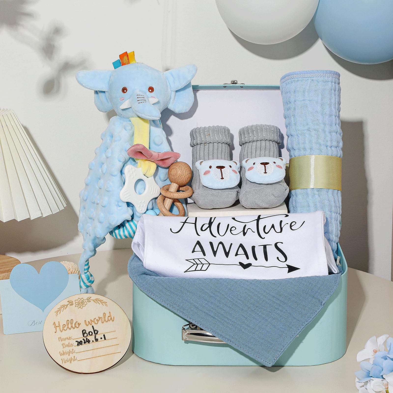 Premium Baby Gift Set for Newborns - Blue Baby Shower Gift Basket with Rattle, Muslin Towel & Security Blanket | Perfect Gender Reveal Gift for Baby Boys & Girls | Ideal for Newborn Showers, Christenings & First Birthday Celebrations