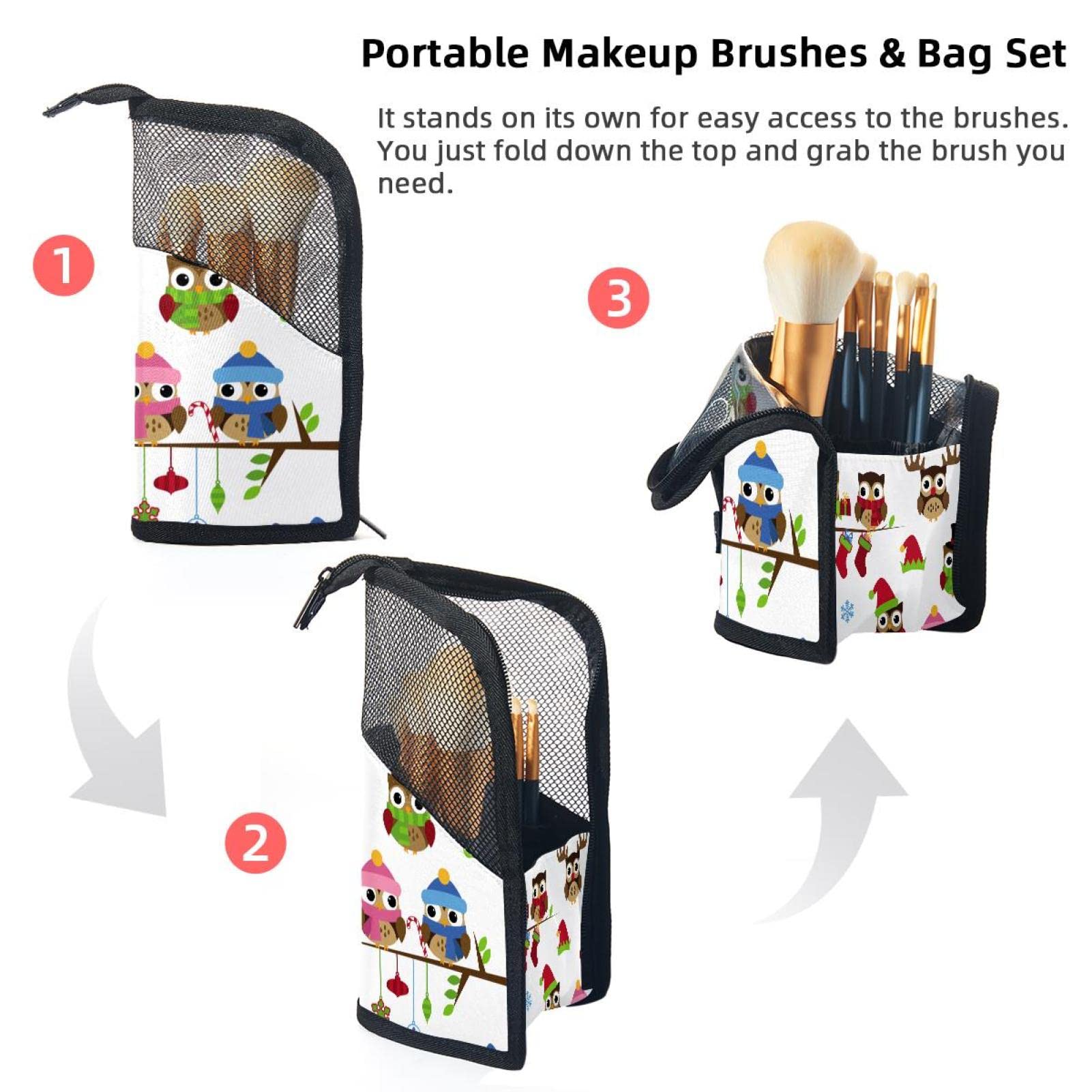 12-Piece Cartoon Owl Makeup Brush Organizer Bag - Portable Christmas Themed Brush Holder Case for Travel & Home Storage | Perfect Gift for Makeup Lovers