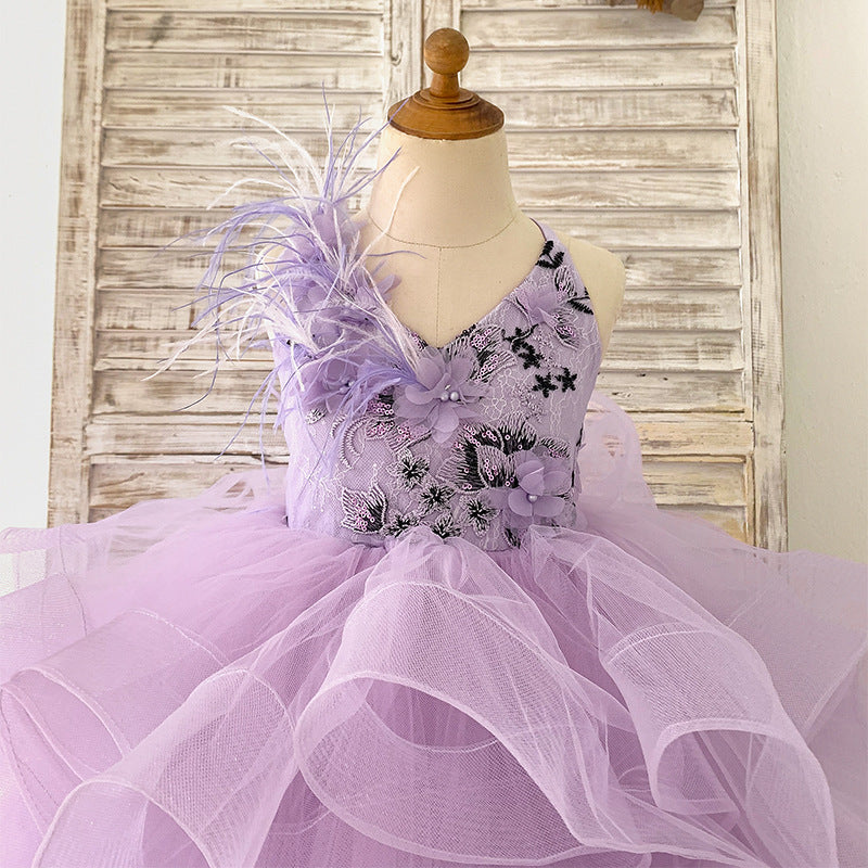 Elegant Purple Lace Princess Dress for Baby Girls - Mesh Strap Toddler Performance Puff Dress for Birthday Party, Photo Shoot & Special Occasions