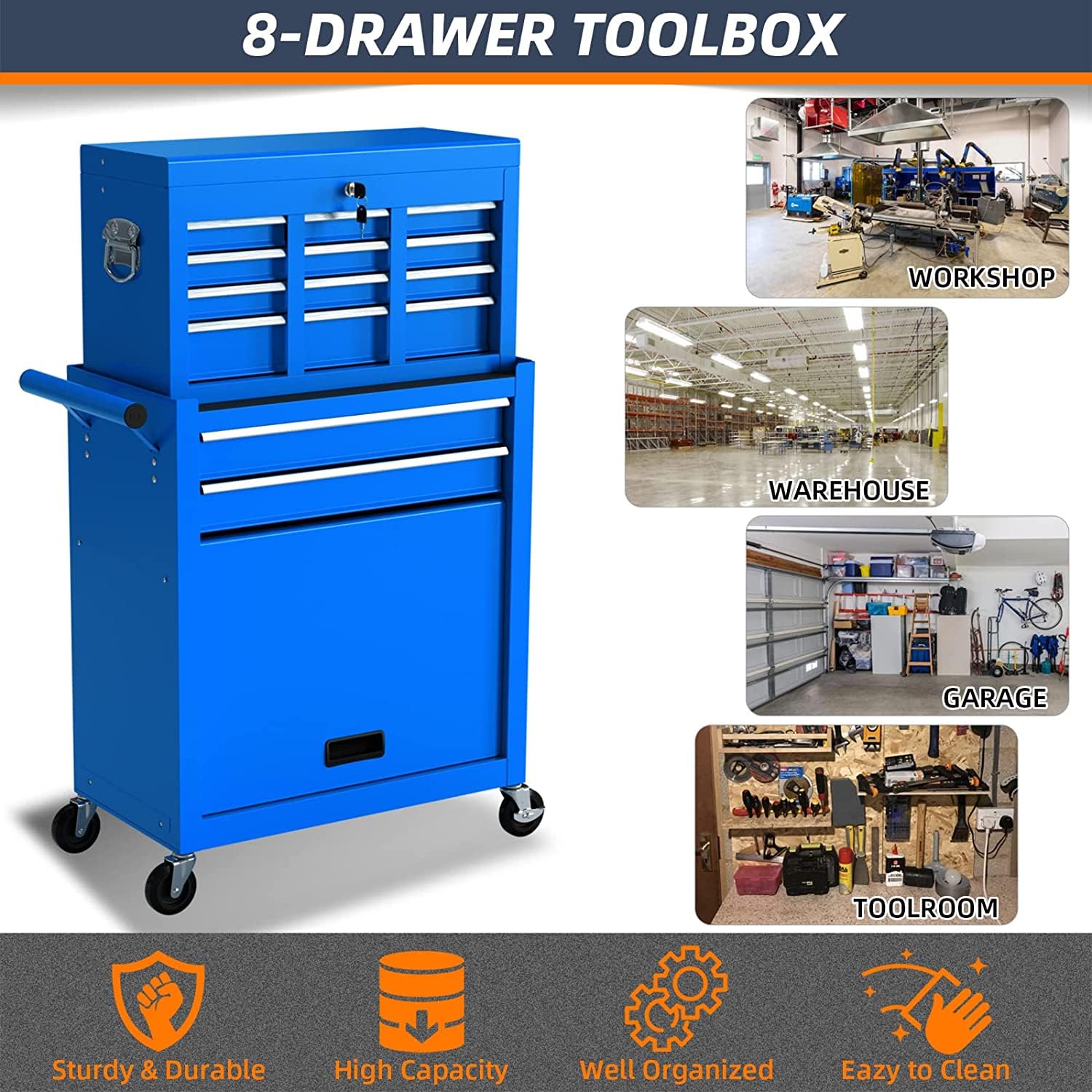 8-Drawer Heavy Duty Rolling Tool Chest with Removable Cabinet & Lock - High Capacity Mobile Tool Storage for Mechanics, Garage Workshop & Tool Room - Perfect for Automotive Repair, DIY Projects & Professional Tool Organization (Blue)