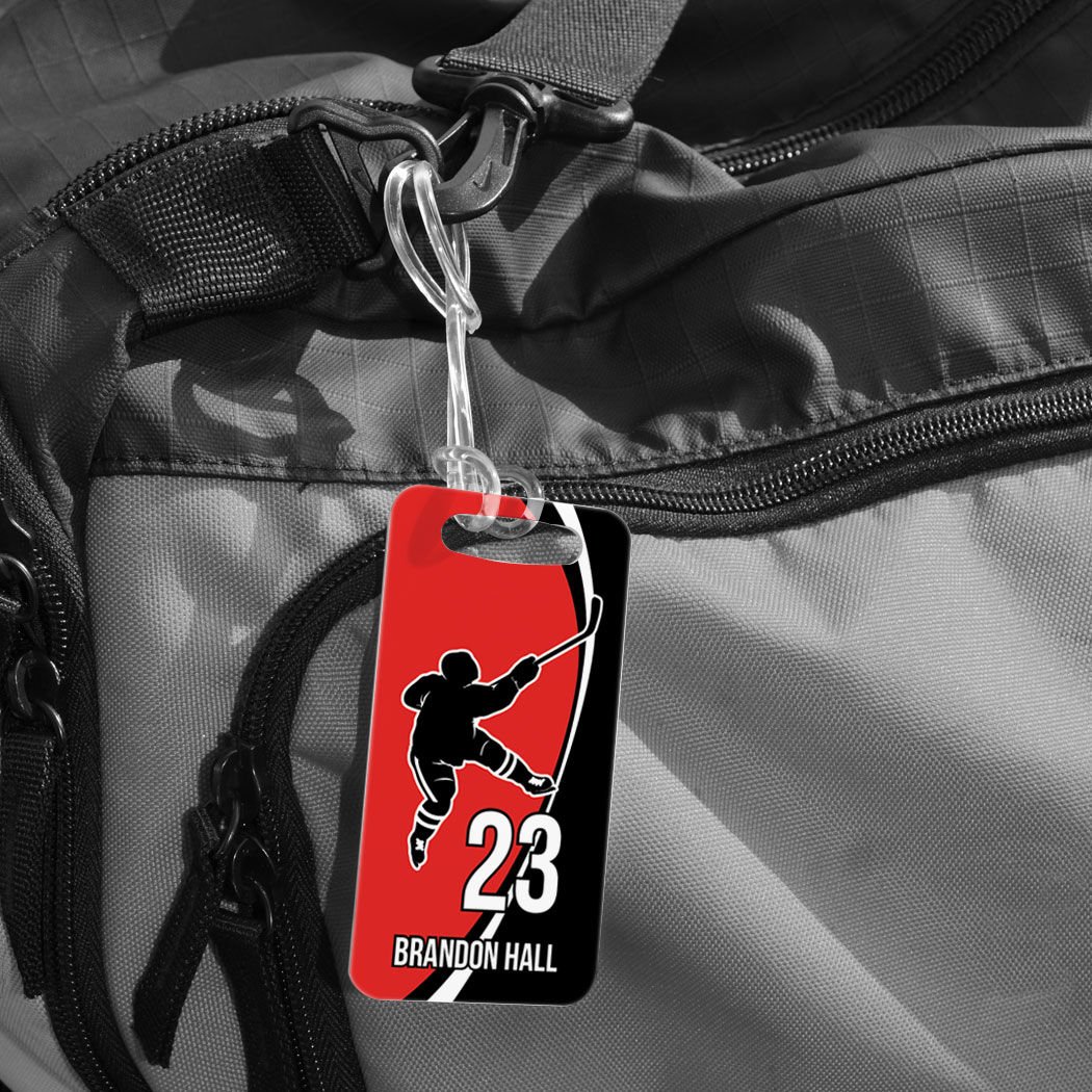 Personalized Hockey Slap Shot Luggage Tag - Small Red & Black Hockey Bag Tag with Standard Lines - Perfect for Hockey Players, Travel & Sports Gear Identification