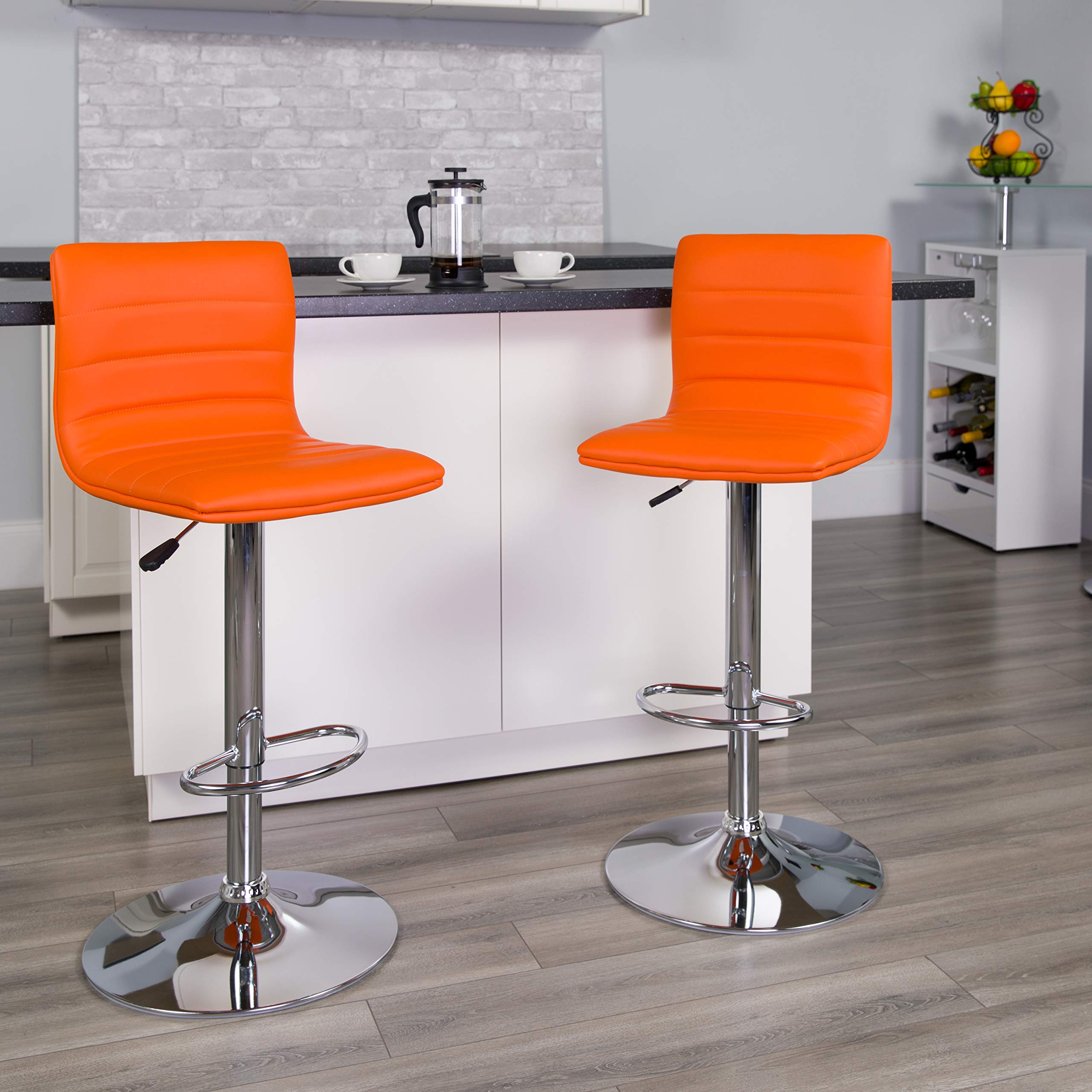 2 Pack Orange Vinyl Adjustable Height Bar Stools with Horizontal Stitch Back - Modern Kitchen Counter Stools for Dining Room, Breakfast Nook & Home Bar Decor