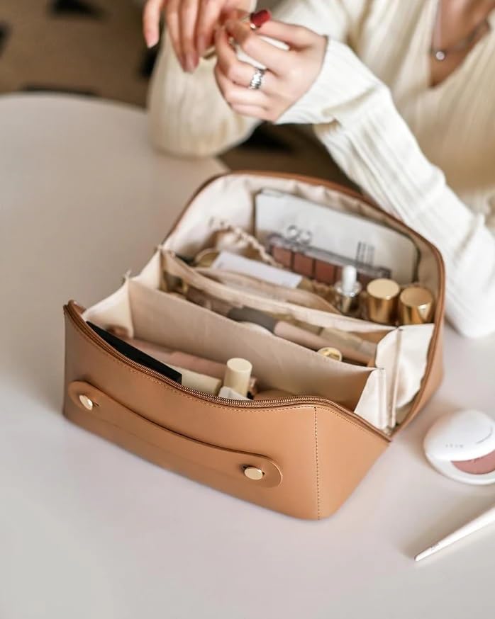 JRM Women’s Large Waterproof Leather Cosmetic Travel Bag - Spacious Makeup Organizer with Wide Opening, Dividers & Handle (Cross Open, Brown) | Perfect for Travel, Gym & Daily Makeup Storage