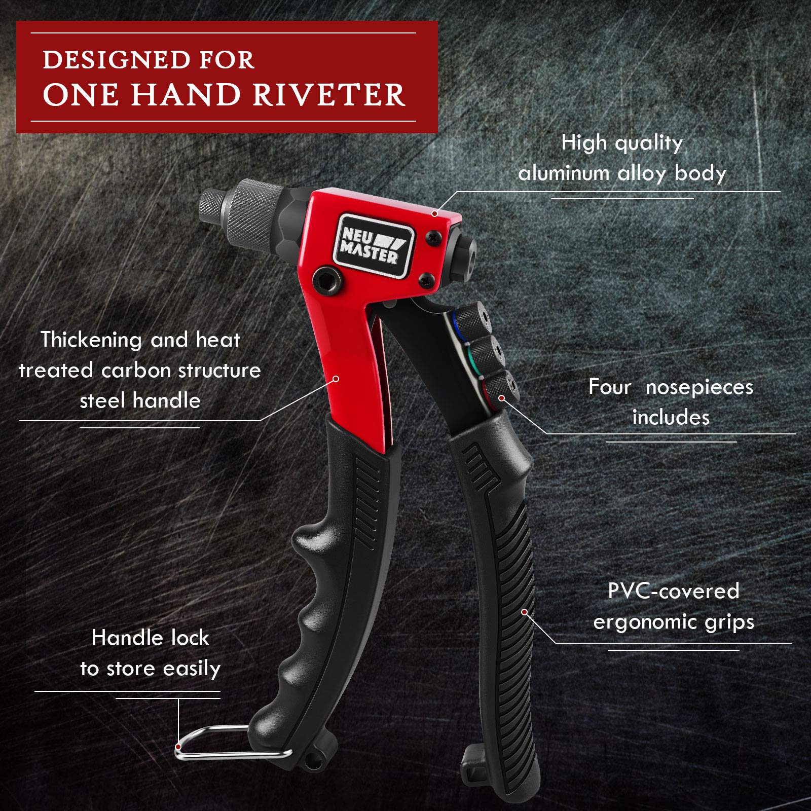 NEU MASTER Heavy Duty Manual Rivet Gun Kit - 4 Tool-Free Interchangeable Heads with 200Pcs Rivets & BMC Case - Professional Single Hand Riveter for Plastic, Metal, Leather - Perfect for DIY Projects, Home Repairs, and Automotive Work