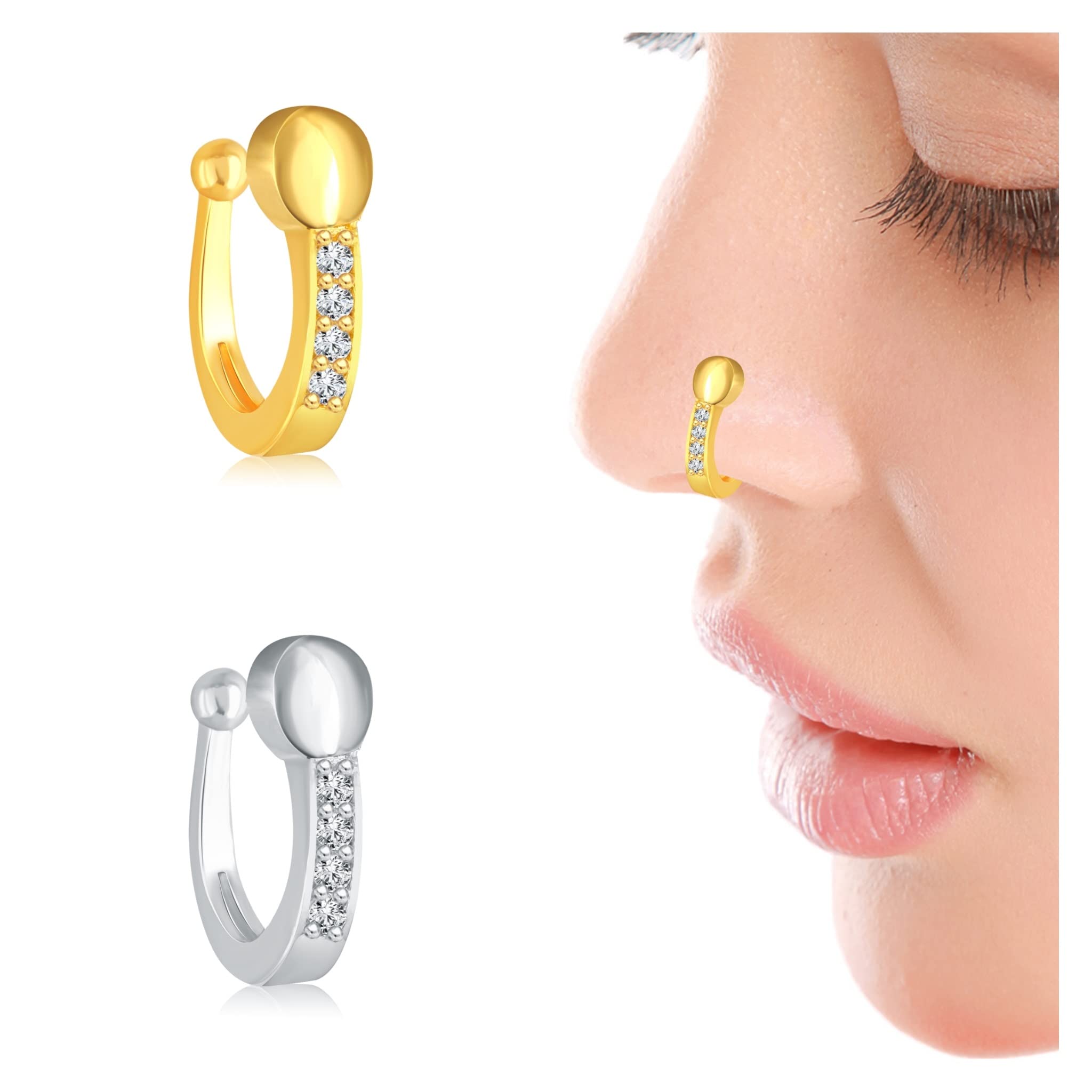 Vighnaharta Gold & Rhodium Plated CZ Stone Alloy Nose Ring - Elegant Indian Nose Pin for Women & Girls | Valentine's Day Gift for Her, Wedding Jewelry, Festival Accessory, Ethnic Fashion Statement [VFJ1222NTH-Press-CMB]
