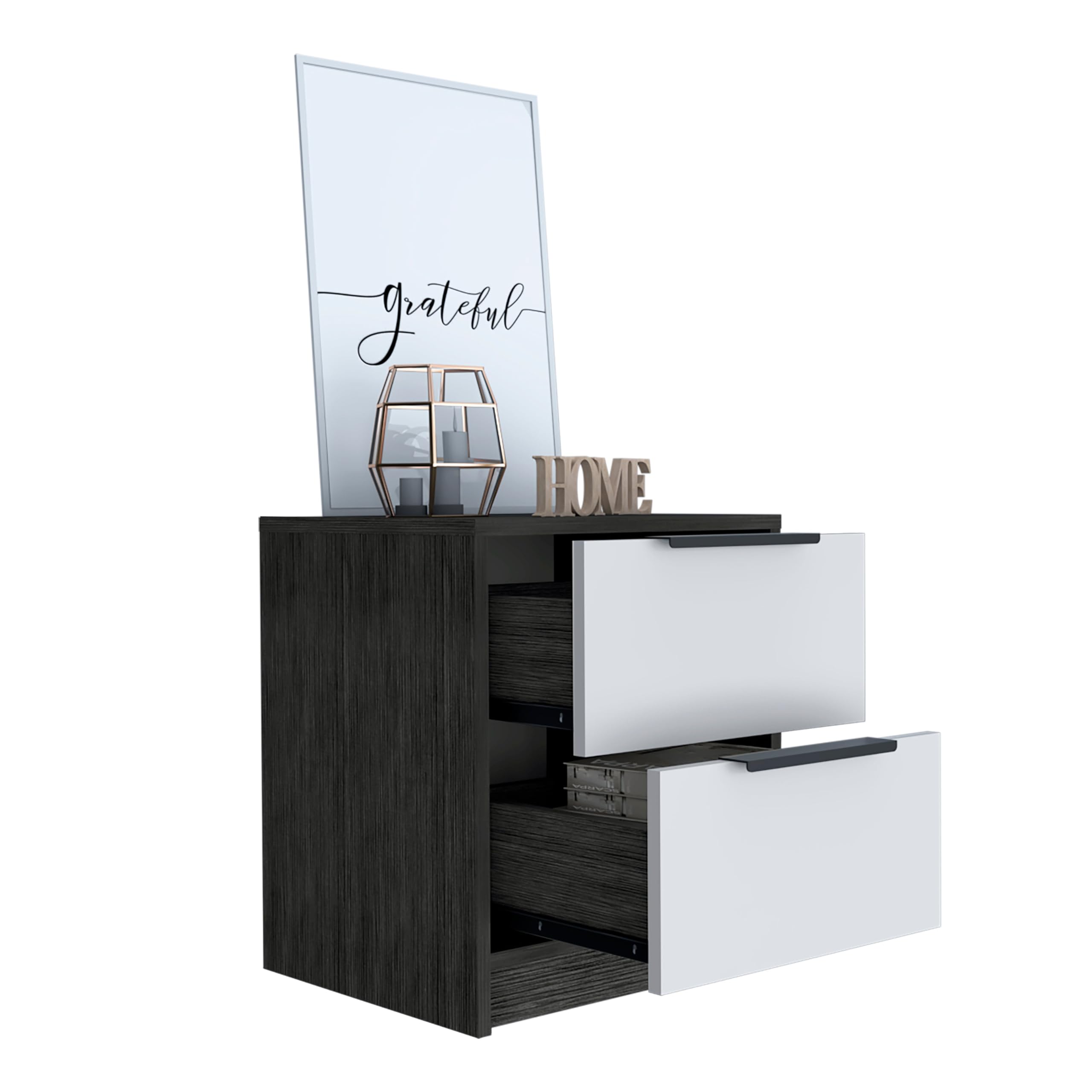 Tuhome Kaia Nightstand with Two Drawers and Metal Handles - Smokey Oak/White Finish for Bedroom Furniture and Home Decor