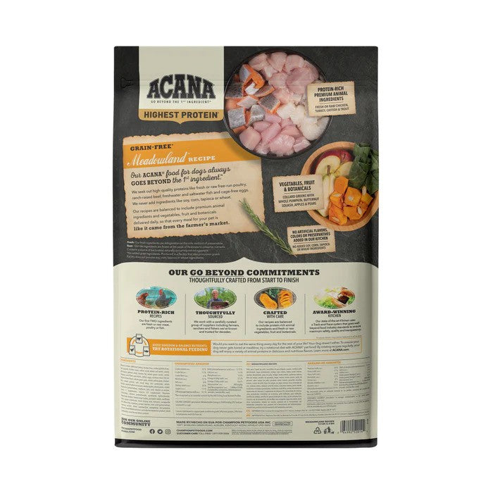 Acana Highest Protein Grain Free Dry Dog Food - Meadowland Recipe for Large & Small Breeds - Perfect for Active Dogs & Outdoor Adventures