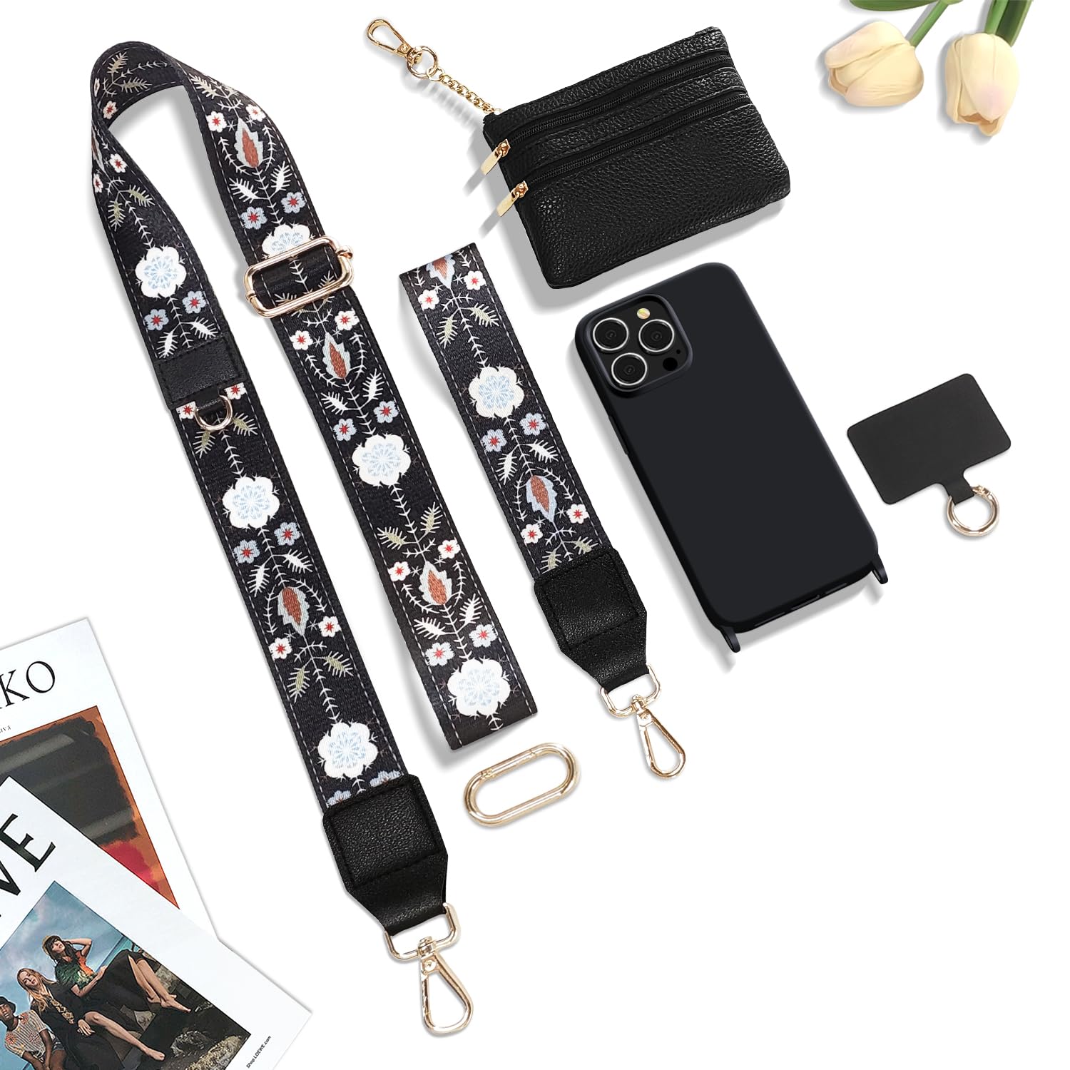 Detachable Crossbody Phone Strap with Wallet for iPhone 15 Pro Max - 2-in-1 Phone Case with Lanyard & Wrist Strap, Zippered Pouch for Women (Black) | Perfect for Travel, Shopping & Hands-Free Convenience