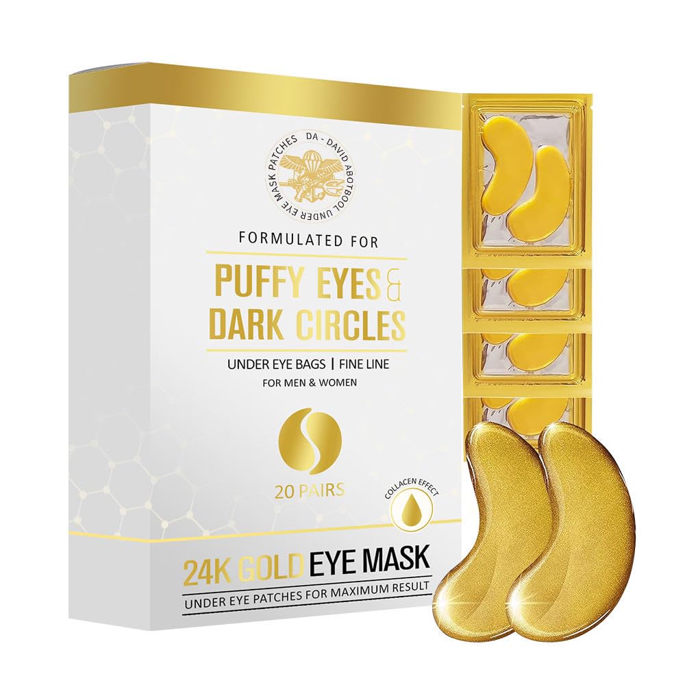Golden Under Eye Patches (20 Pairs) - Anti-Wrinkle Eye Mask with Amino Acid & Collagen for Dark Circles & Puffy Eyes - Hydrating Skincare Treatment for Men & Women - Perfect for Overnight Use, Travel & Daily Eye Care Routine