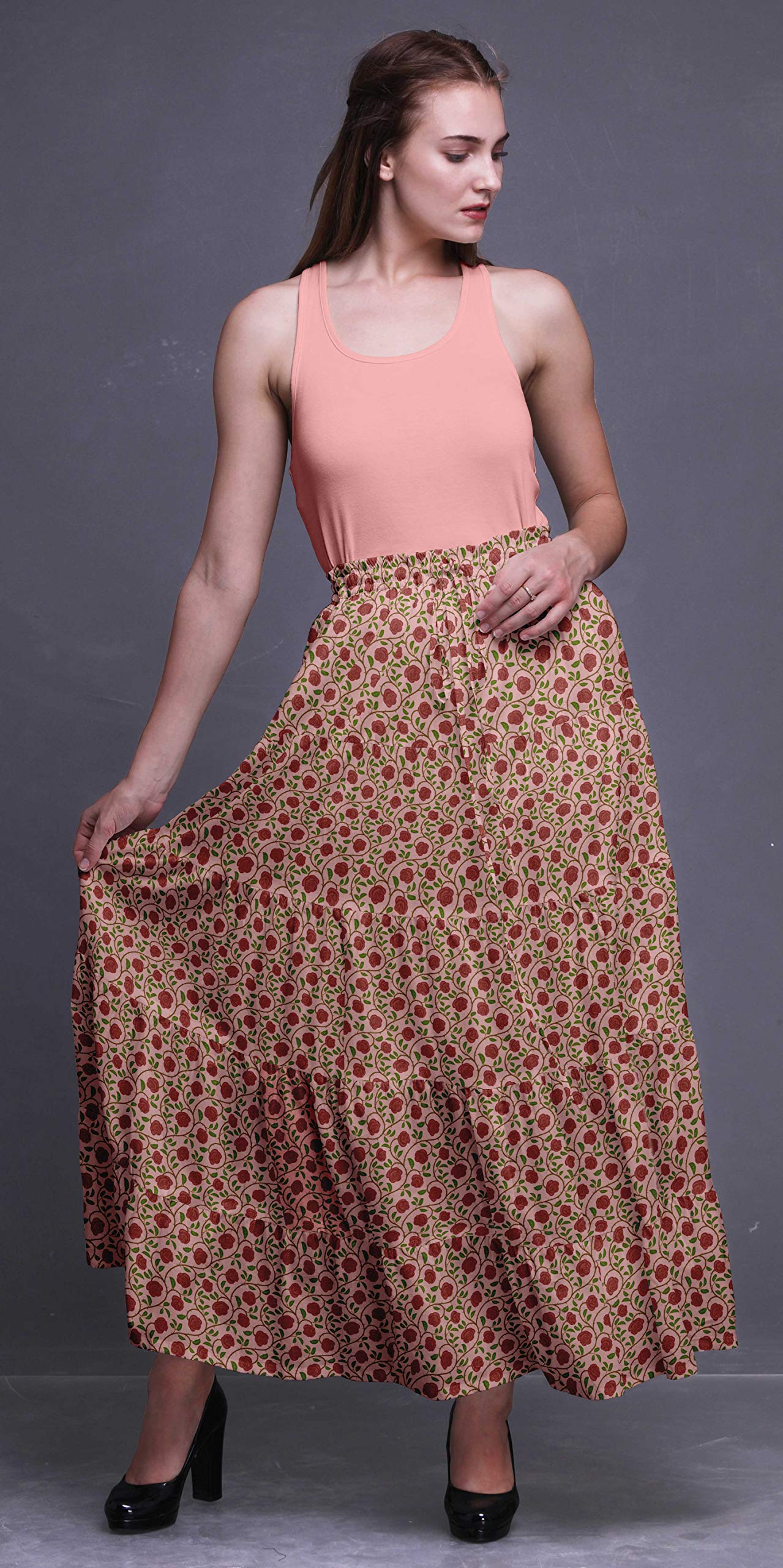 Boho Printed Maxi Skirts for Women - 5-Tier Long Cotton Skirt with Floral Design - Perfect for Summer, Beach, and Casual Outfits