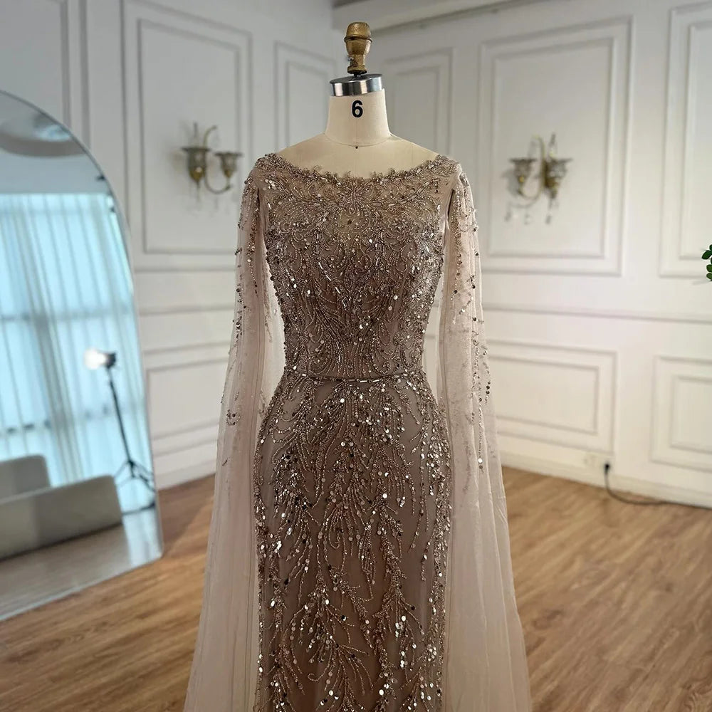 Elegant Beaded Caramel Evening Gown with Cape Sleeves - LA73078 | Perfect for Formal Events, Galas & Red Carpet Occasions
