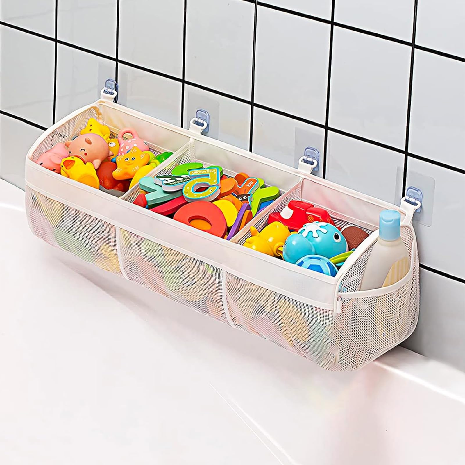 Bath Toy Storage Bag with 4 Hooks - Mesh Organizer for Bathtub Toys, Waterproof Toy Holder & Sorter - Perfect for Kids Bath Time Organization (White)