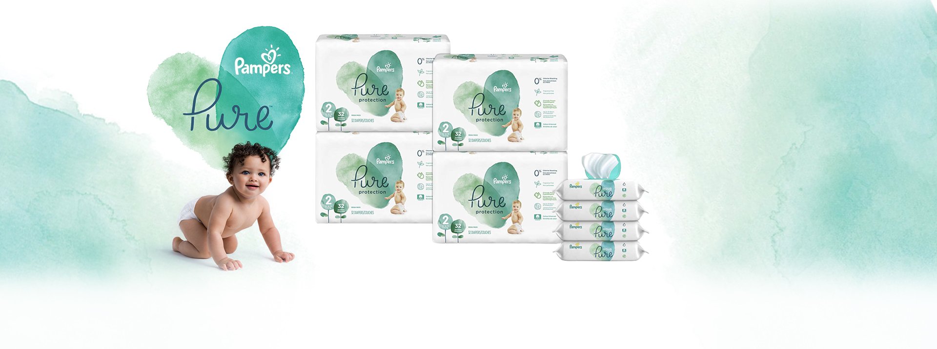 Pampers Pure Hypoallergenic Fragrance-Free Baby Diapers Size 2 (128 Count) with Aqua Pure Sensitive Water Wipes (224 Count) - Gentle Protection for Newborns & Infants - Perfect for Daycare, Travel & Overnight Use