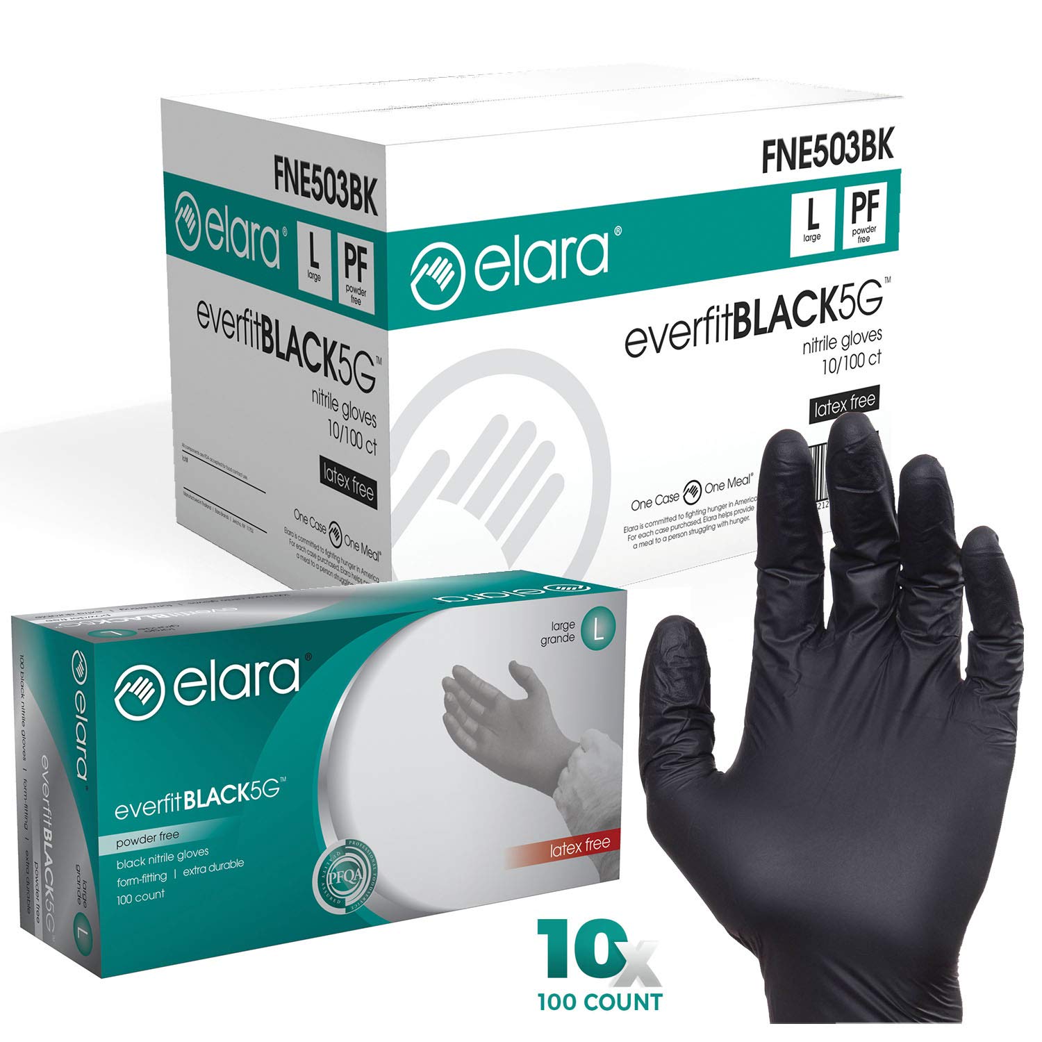 Elara FNE503BK EverfitBLACK5G Nitrile Disposable Gloves - 5 mil Thick, Black, Powder Free, Food Safe, Non-Latex, Large Size (Case of 1000) - Ideal for Food Handling, Medical Use, Cleaning & Industrial Work