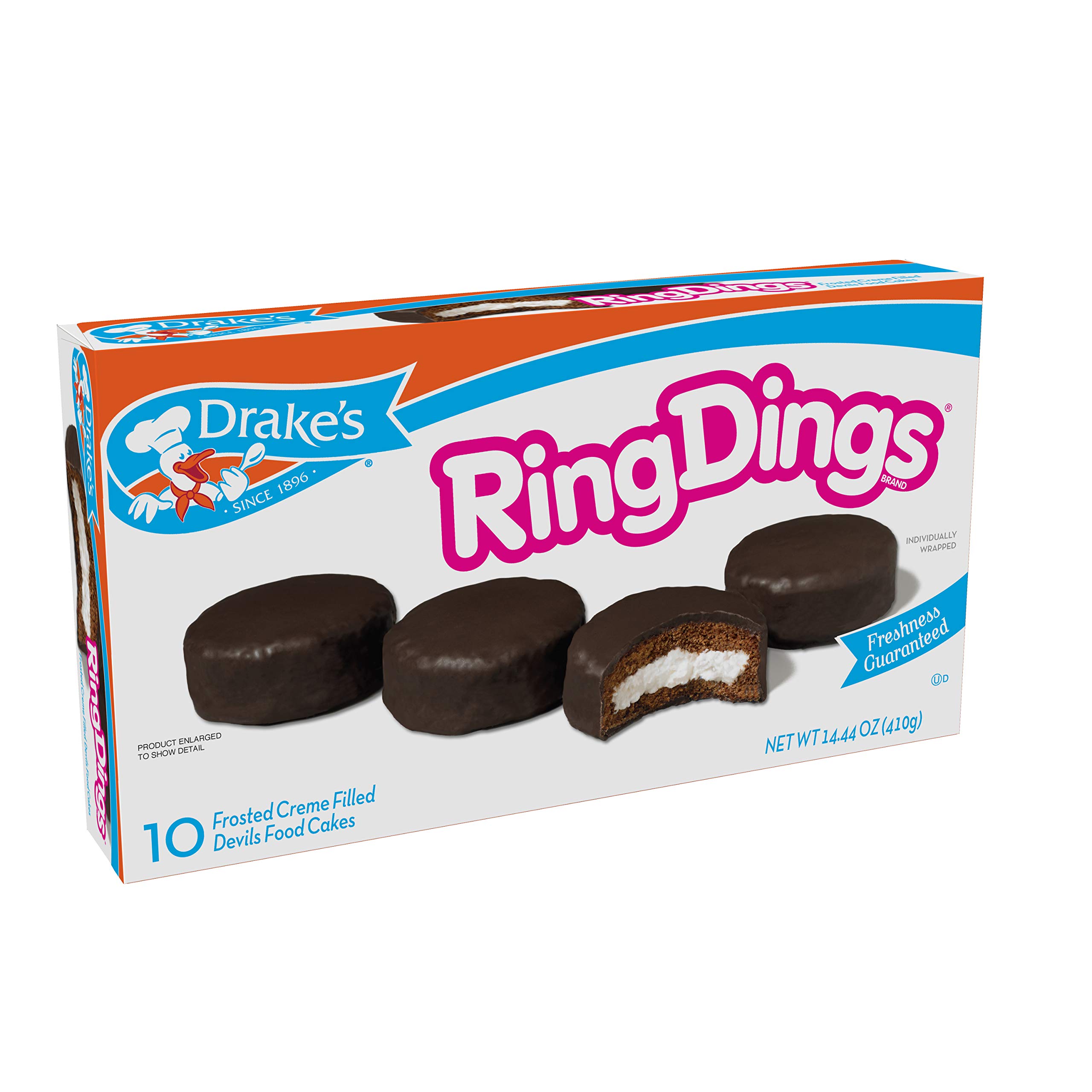 Drake's Ring Dings - 8 Pack Individually Wrapped Devil's Food Cakes (11.55 oz) - Moist Chocolate Snack Cakes for Lunchboxes, Parties & Quick Desserts