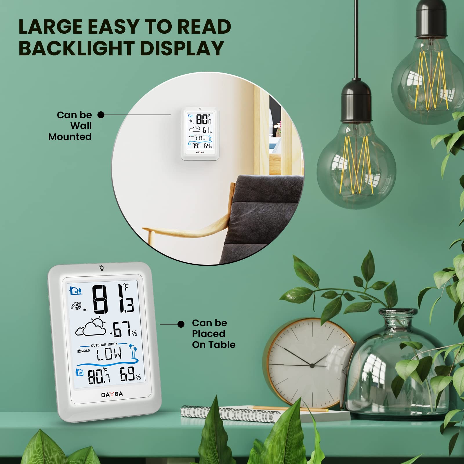 BAYGA Wireless Indoor Outdoor Thermometer - Digital Weather Station with 330ft Range Remote Sensor, Temperature & Humidity Monitor, Heat/Dew/Mold Index, 10s Backlight - Perfect for Home, Greenhouse, Baby Room & Weather Monitoring