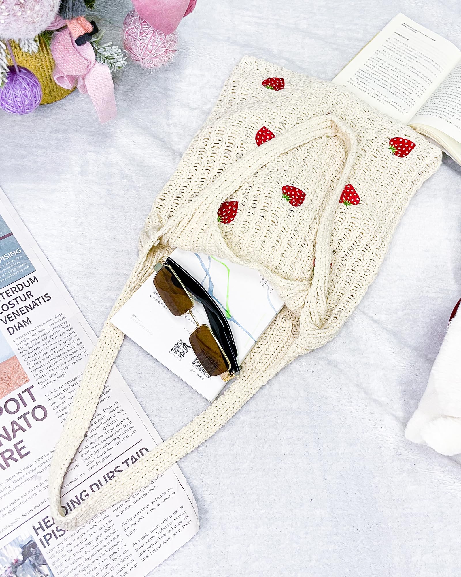 Stylish Strawberry Crochet Tote Bag - Handmade Knitted Shoulder Bag for Women | Perfect for Beach, Shopping & Everyday Use