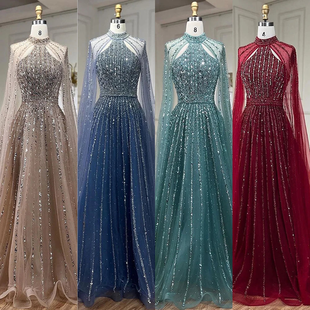 Elegant Arabic Turquoise A-Line Cape Sleeve Beaded Evening Gown for Women - Luxury Dubai Wedding Party Dress LA72306A | Perfect for Formal Events, Galas & Special Occasions