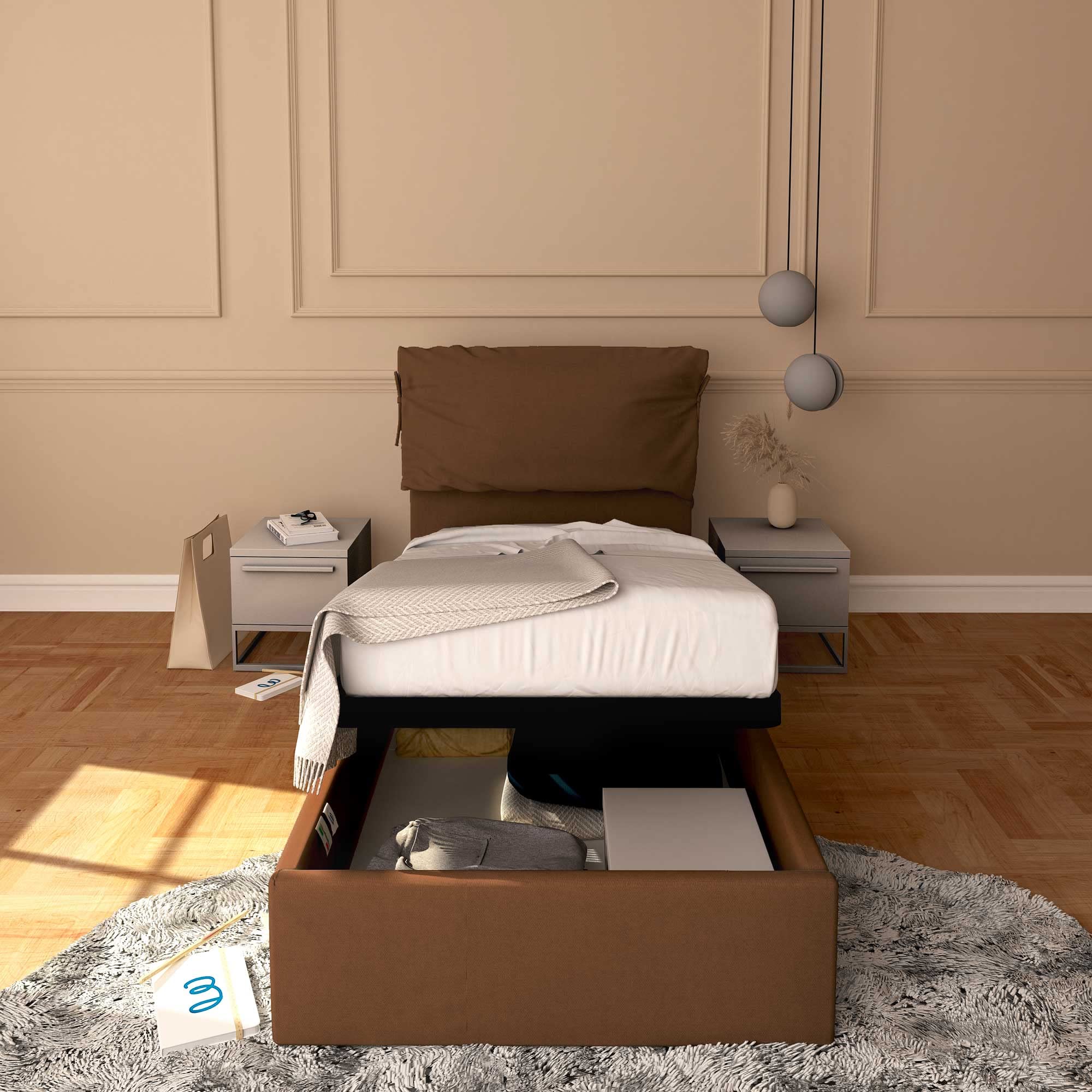 Baldiflex Licia Soft Single Bed with Storage - Synthetic Leather Upholstery, Slatted Base for 90x200cm Mattress, Padded Headboard, Brown - Perfect for Small Bedrooms, Guest Rooms & Studio Apartments