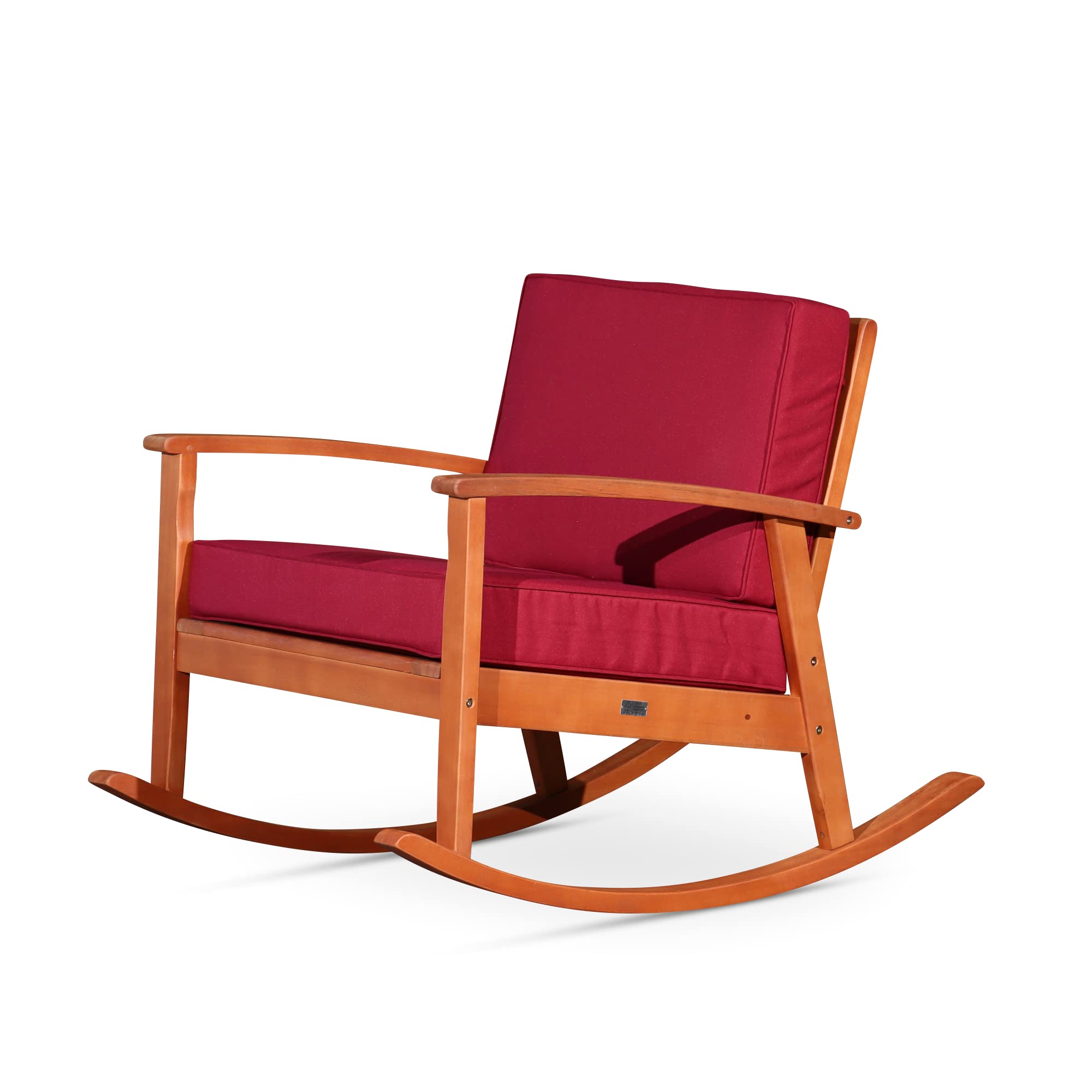 DTY Outdoor Living Longs Peak Deep Seat Eucalyptus Rocker - Natural Oil Finish, Burgundy Cushions | Patio Rocking Chair for Porch, Garden & Backyard Relaxation