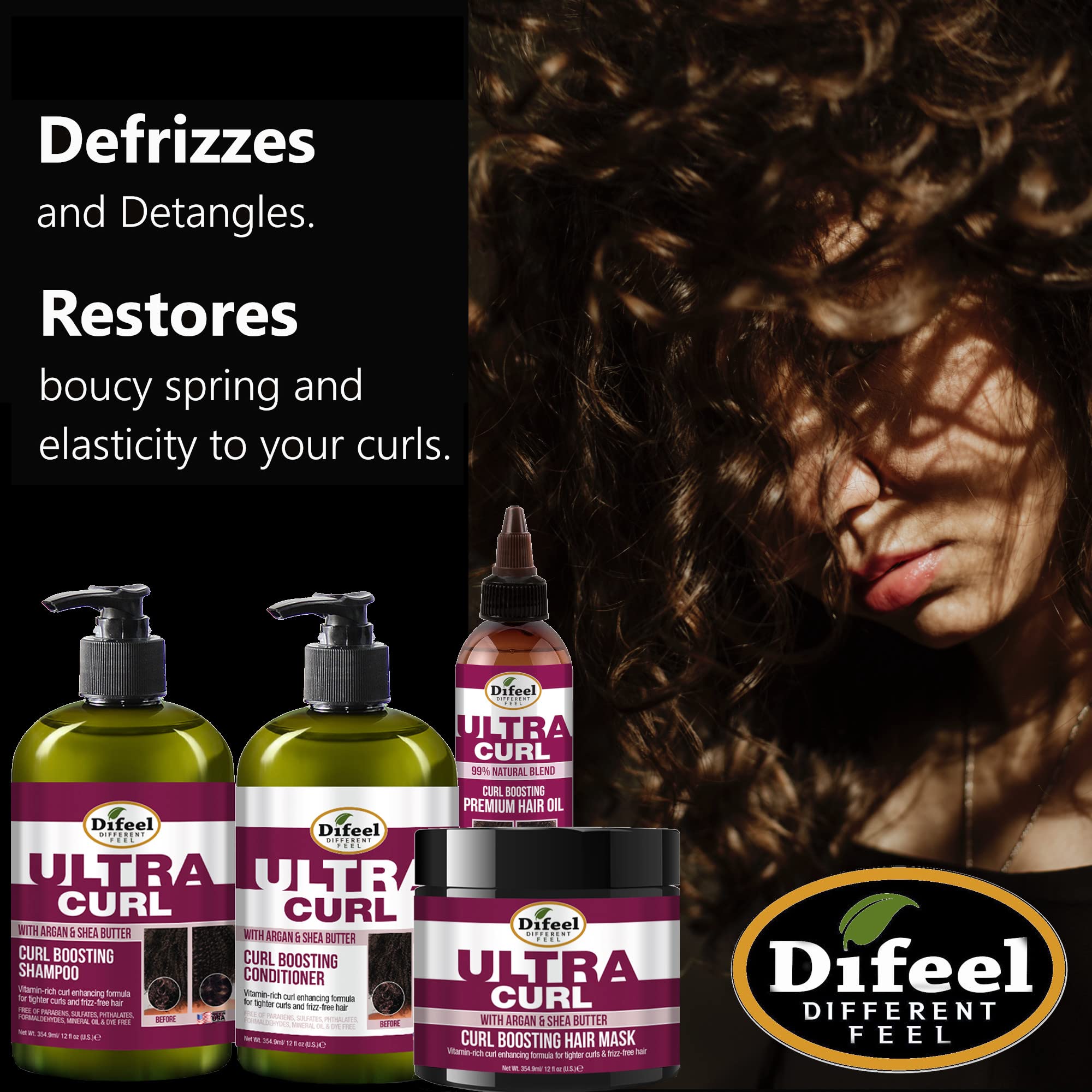 Difeel Ultra Curl Hair Care Set - Moisturizing Shampoo (12 oz), Deep Conditioner (12 oz), Hair Mask (12 oz) & Argan Oil (8 oz) for Curly Hair - Perfect for Dry, Frizzy & Damaged Hair Care Routine
