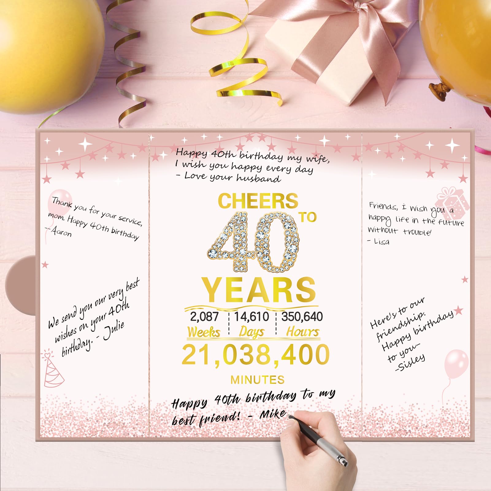 Elegant 40th Birthday Card for Women - Large Pink Rose Gold Greeting Card with Envelope, Signature Guest Book & Party Decorations | Perfect for Milestone Celebrations, Birthday Parties & Special Gifts | Cheers to 40 Years Old