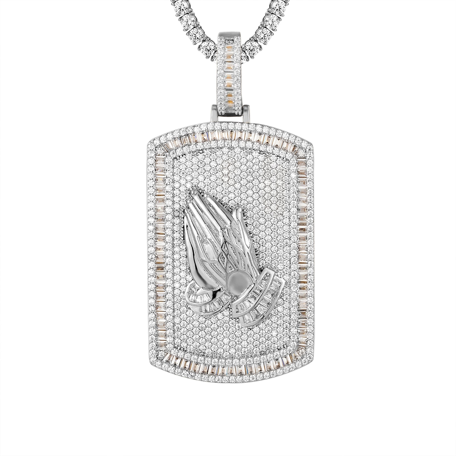 Praying Hands Dog Tag Pendant - Baguette Cut Sterling Silver Hip Hop Chain Necklace for Men - Perfect for Streetwear, Rap Culture & Urban Fashion