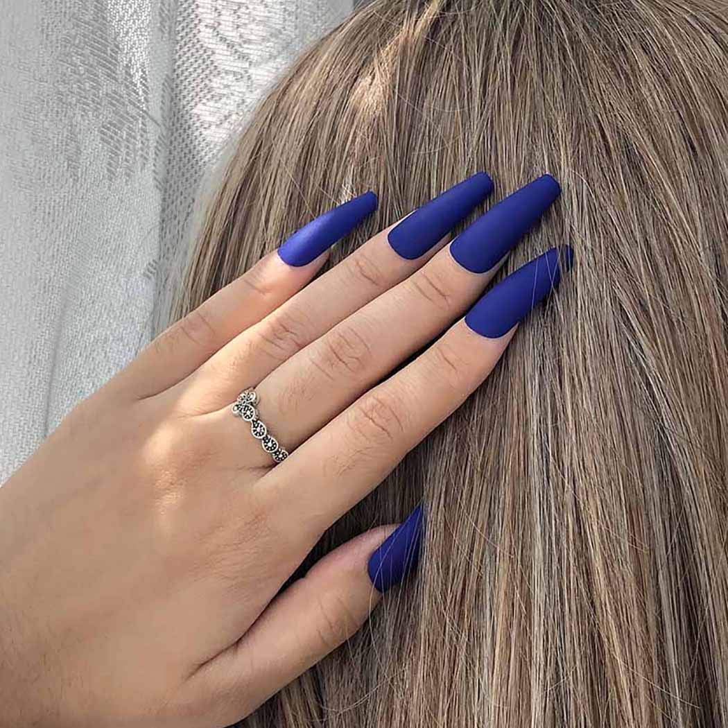 24 Pcs Long Coffin Press on Nails - Blue Matte Ballerina Fake Nails for Women & Girls | Full Cover Artificial Nails for Parties, Weddings & Special Occasions