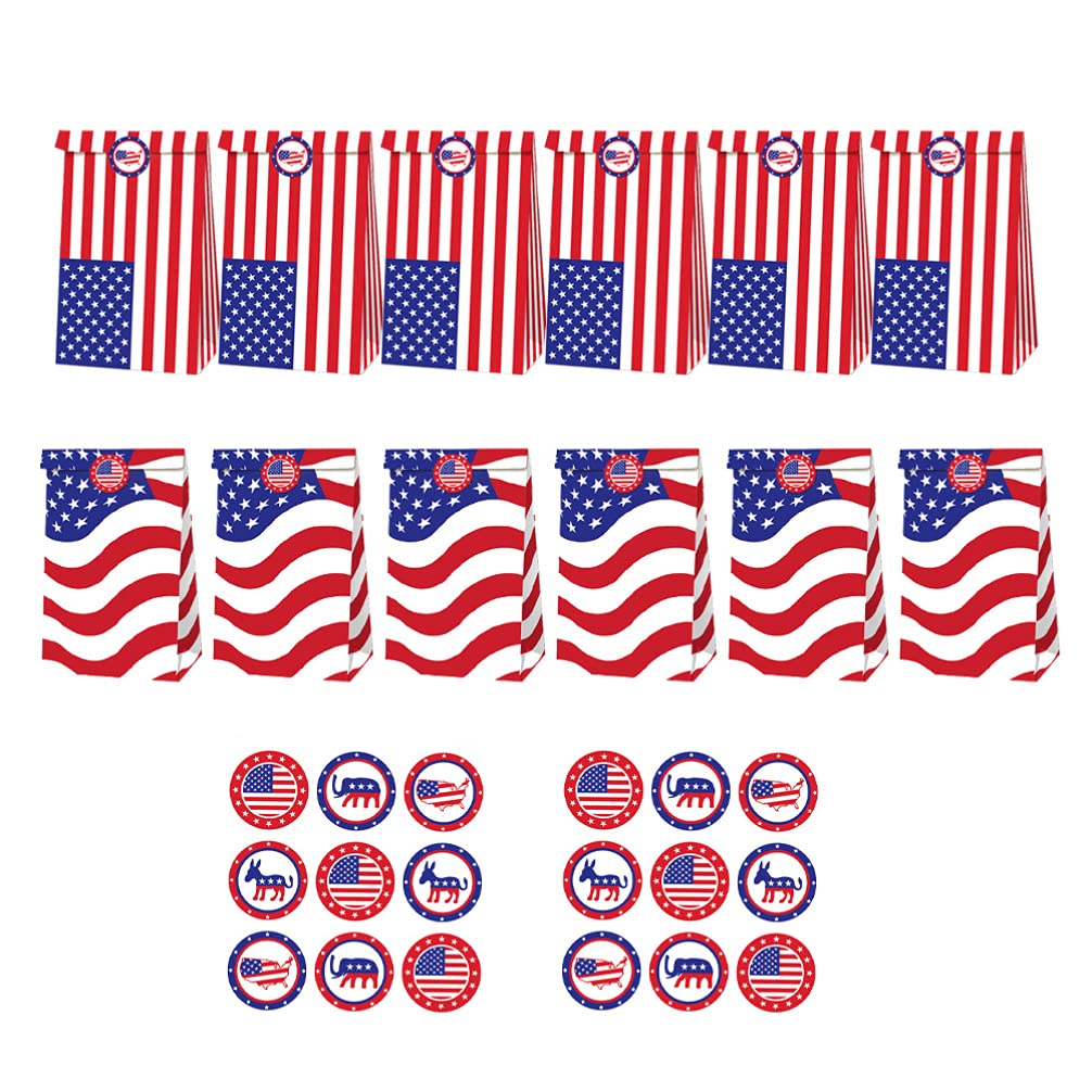 NUOBESTY 12pcs 4th of July Gift Tags & Stickers - American Flag Party Supplies, Paper Treat Bags, Candy Bags, Gift Bags with 2 Sheets Stickers - Perfect for Independence Day Decorations, Party Favors & Holiday Gifting